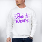 Dare To Dream Purple Cursive Design - Quotes Unisex Crewneck T-Shirt Sweatshirt Hoodie