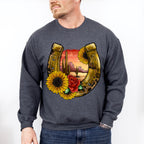 Flowers Horseshoe Design - Western Unisex Crewneck T-Shirt Sweatshirt Hoodie