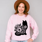 B&W Flower Cat - Cat Unisex Crewneck T-Shirt Sweatshirt Hoodie