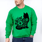 B&W Flower Cat - Cat Unisex Crewneck T-Shirt Sweatshirt Hoodie