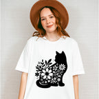 B&W Flower Cat - Cat Unisex Crewneck T-Shirt Sweatshirt Hoodie