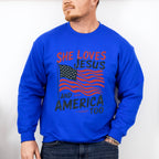 She Loves Jesus And America Too US Flag Design - 4th Of July Unisex Crewneck T-Shirt Sweatshirt Hoodie
