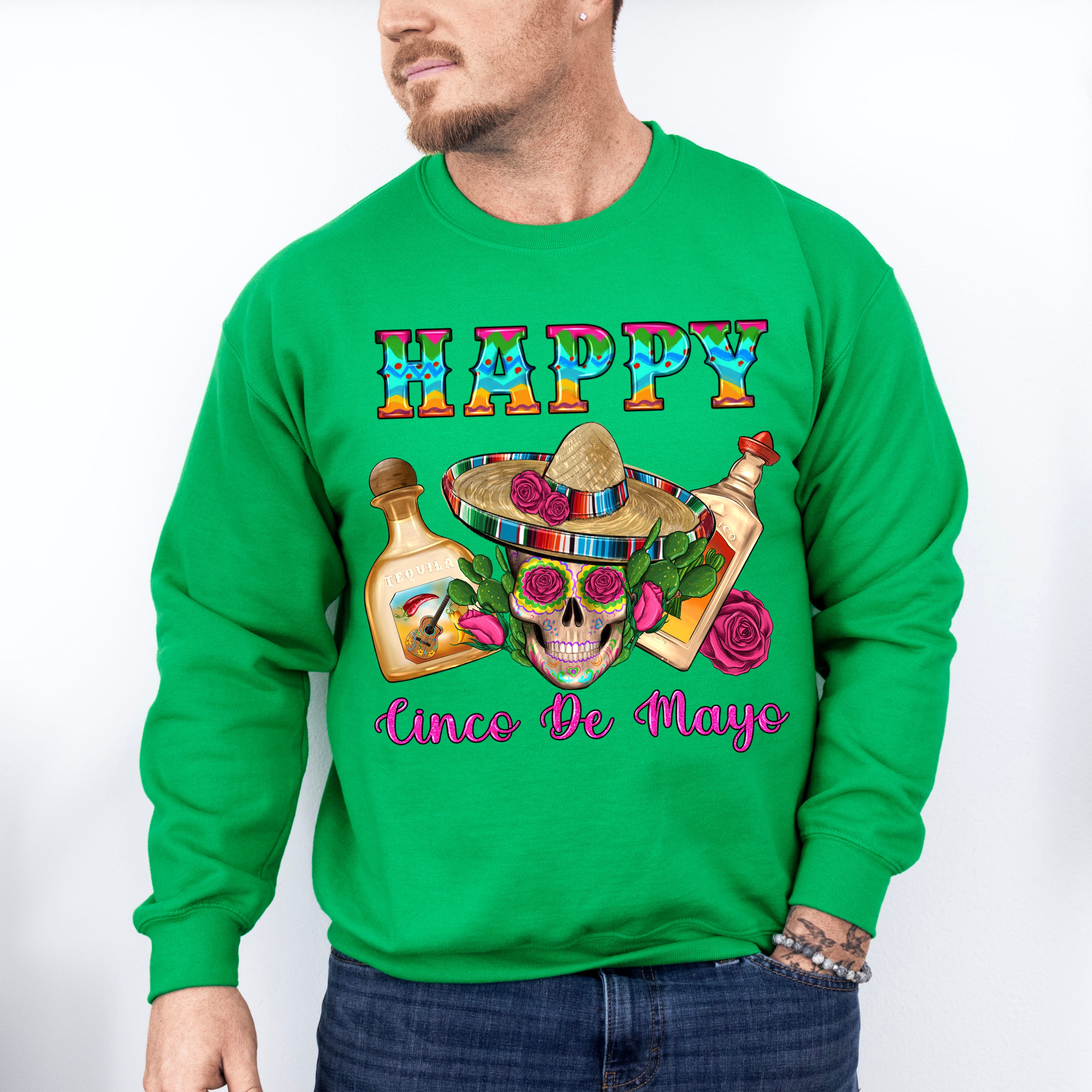 Happy Mexican Skull Cinco De Mayo Unisex Crewneck T-Shirt Sweatshirt Hoodie