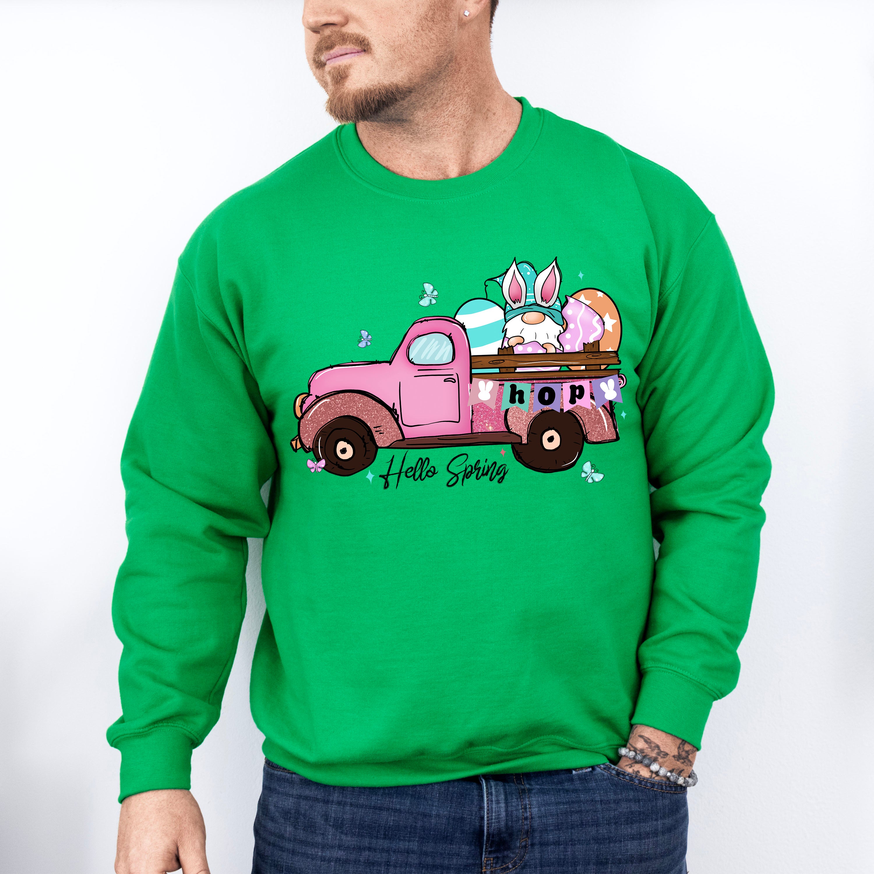 Hello Spring Truck Easter Day Unisex Crewneck T-Shirt Sweatshirt Hoodie