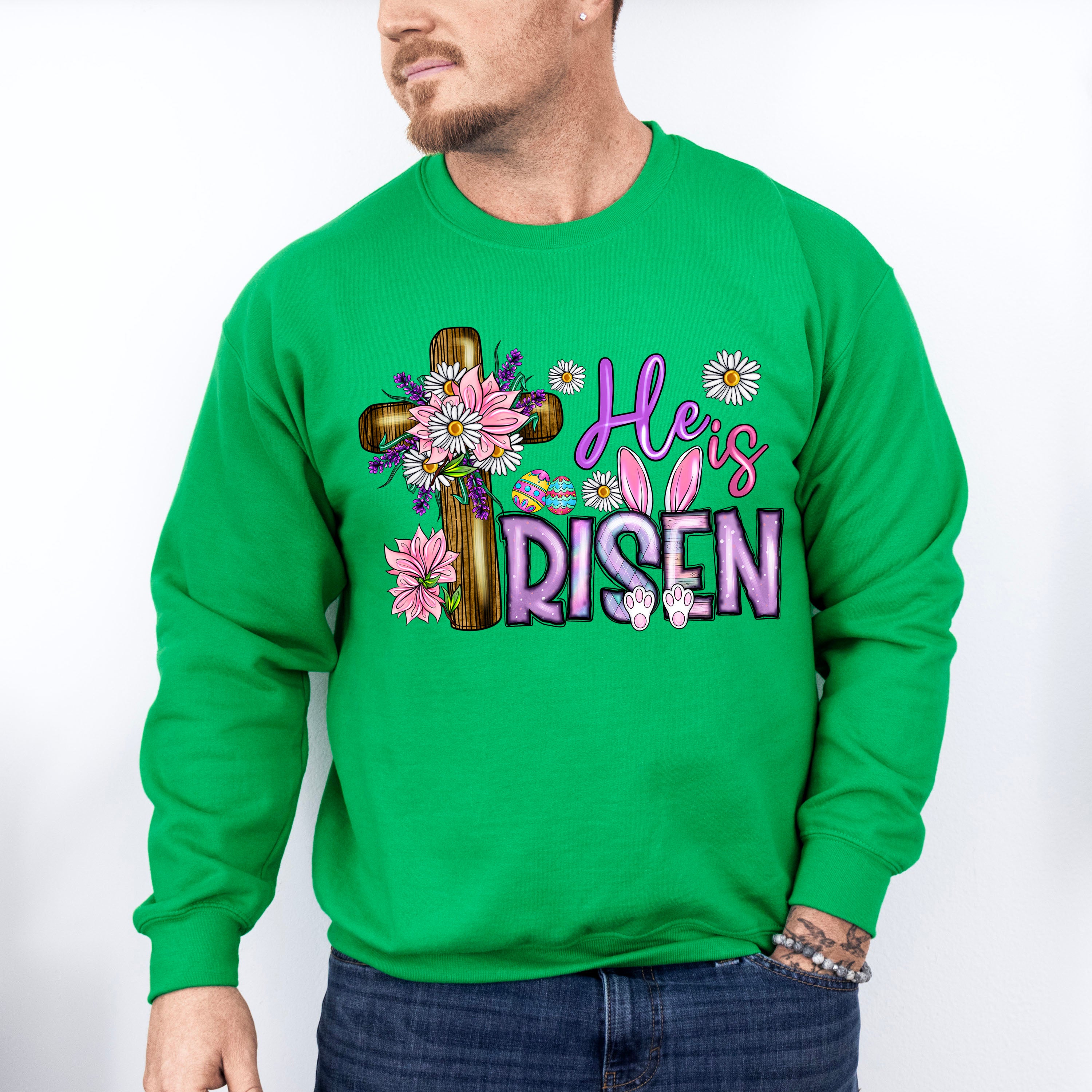 Cross He Is Risen Easter Day Unisex Crewneck T-Shirt Sweatshirt Hoodie