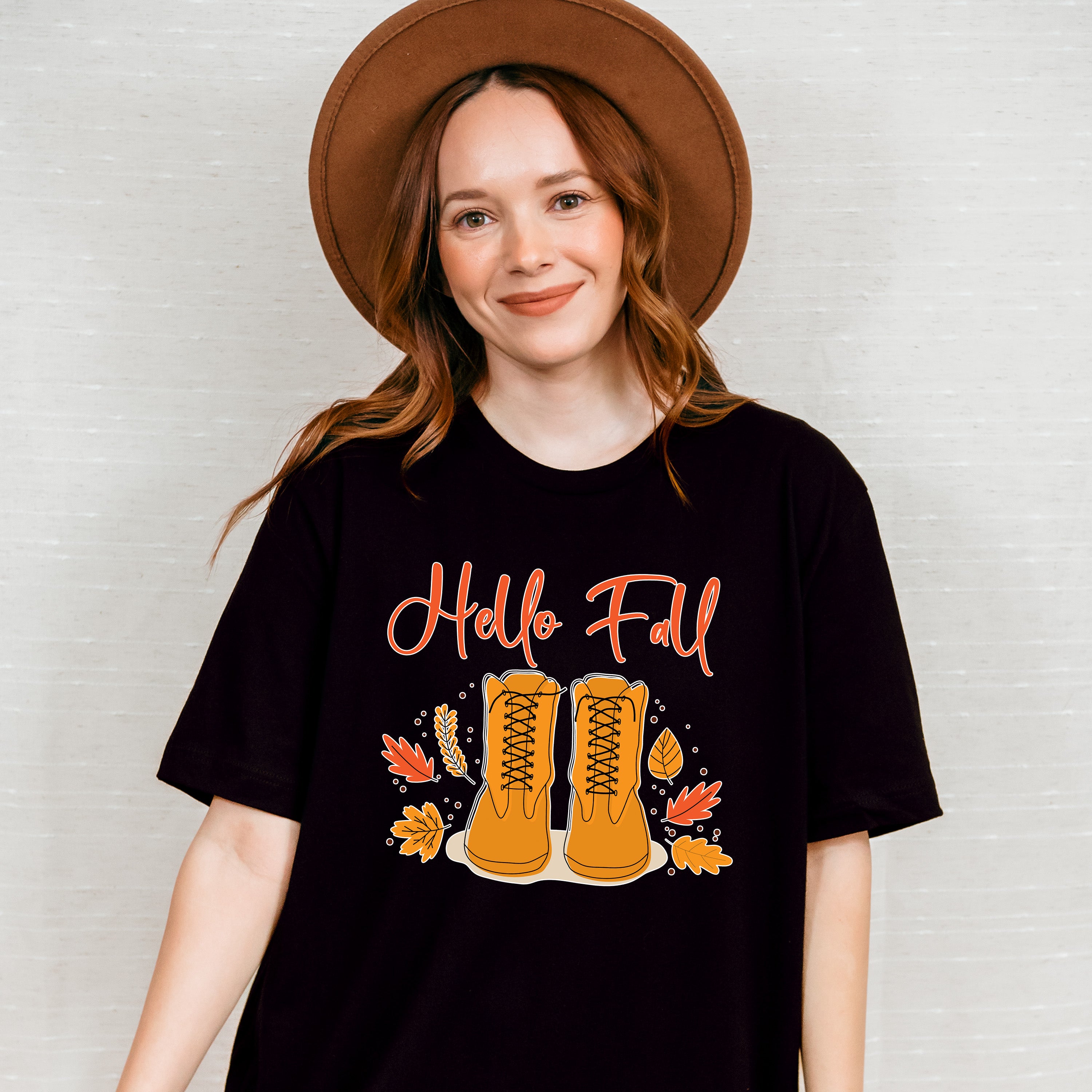 Hello Fall Boots Design - Fall Theme Unisex Crewneck T-Shirt Sweatshirt Hoodie