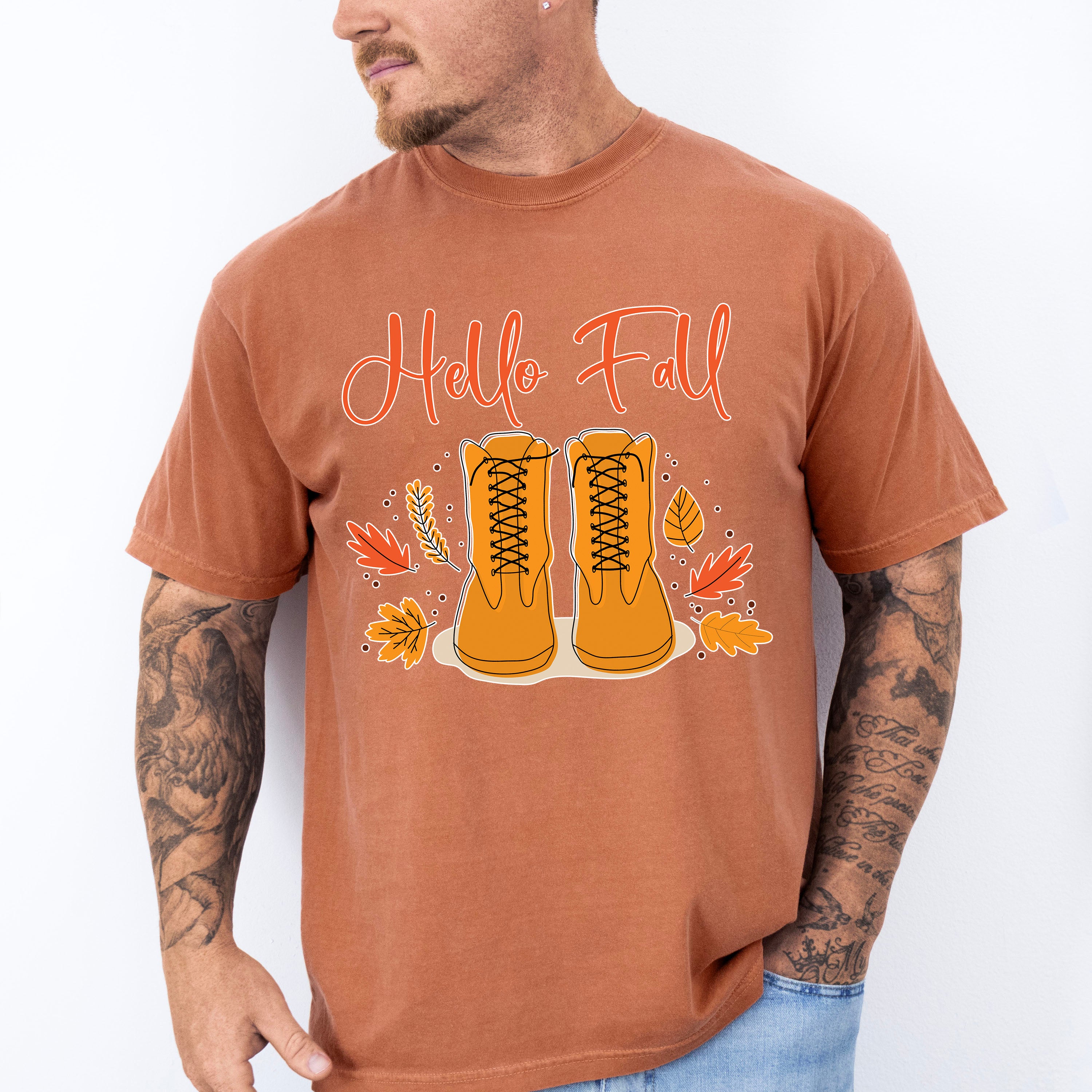 Hello Fall Boots Design - Fall Theme Unisex Crewneck T-Shirt Sweatshirt Hoodie