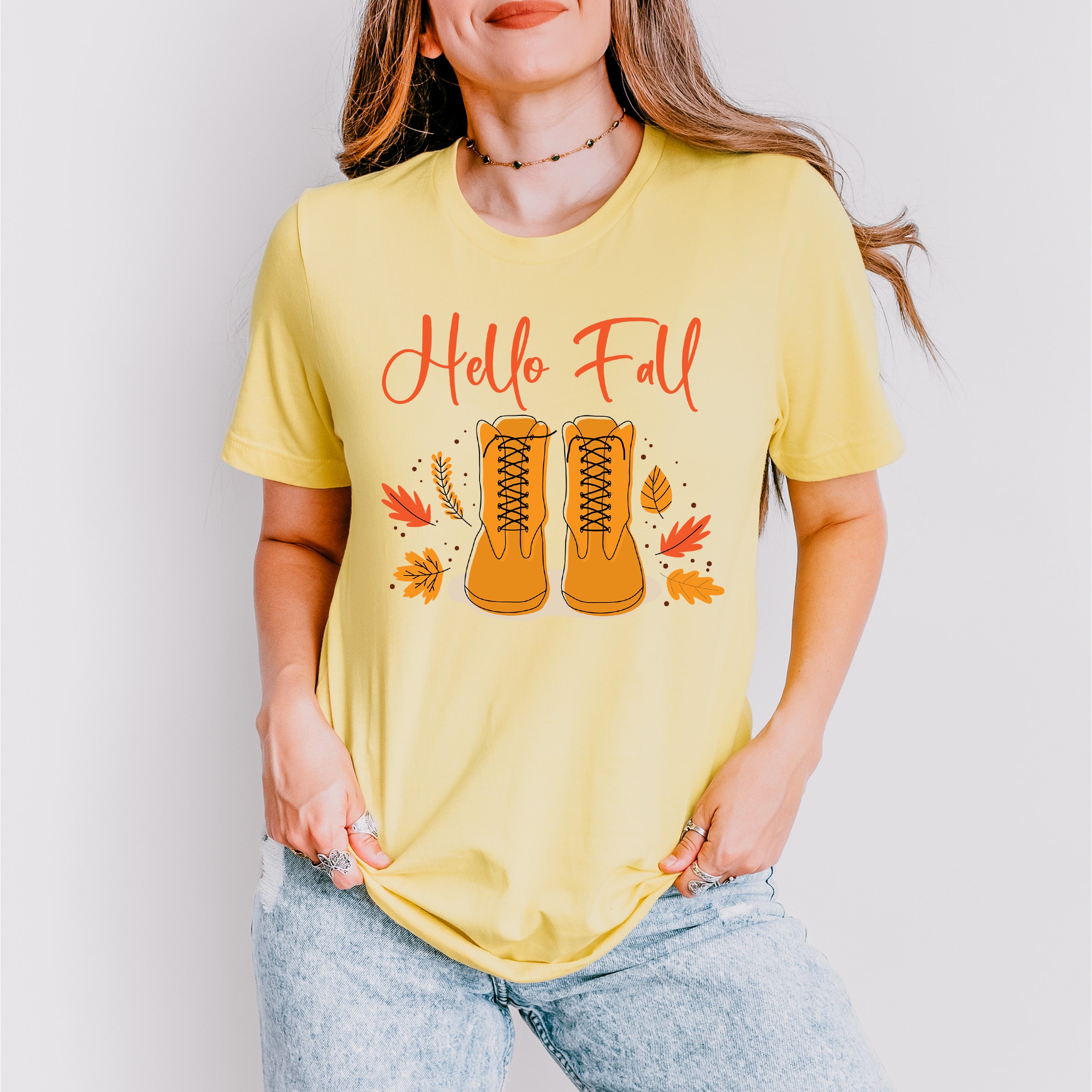 Hello Fall Boots Design - Fall Theme Unisex Crewneck T-Shirt Sweatshirt Hoodie