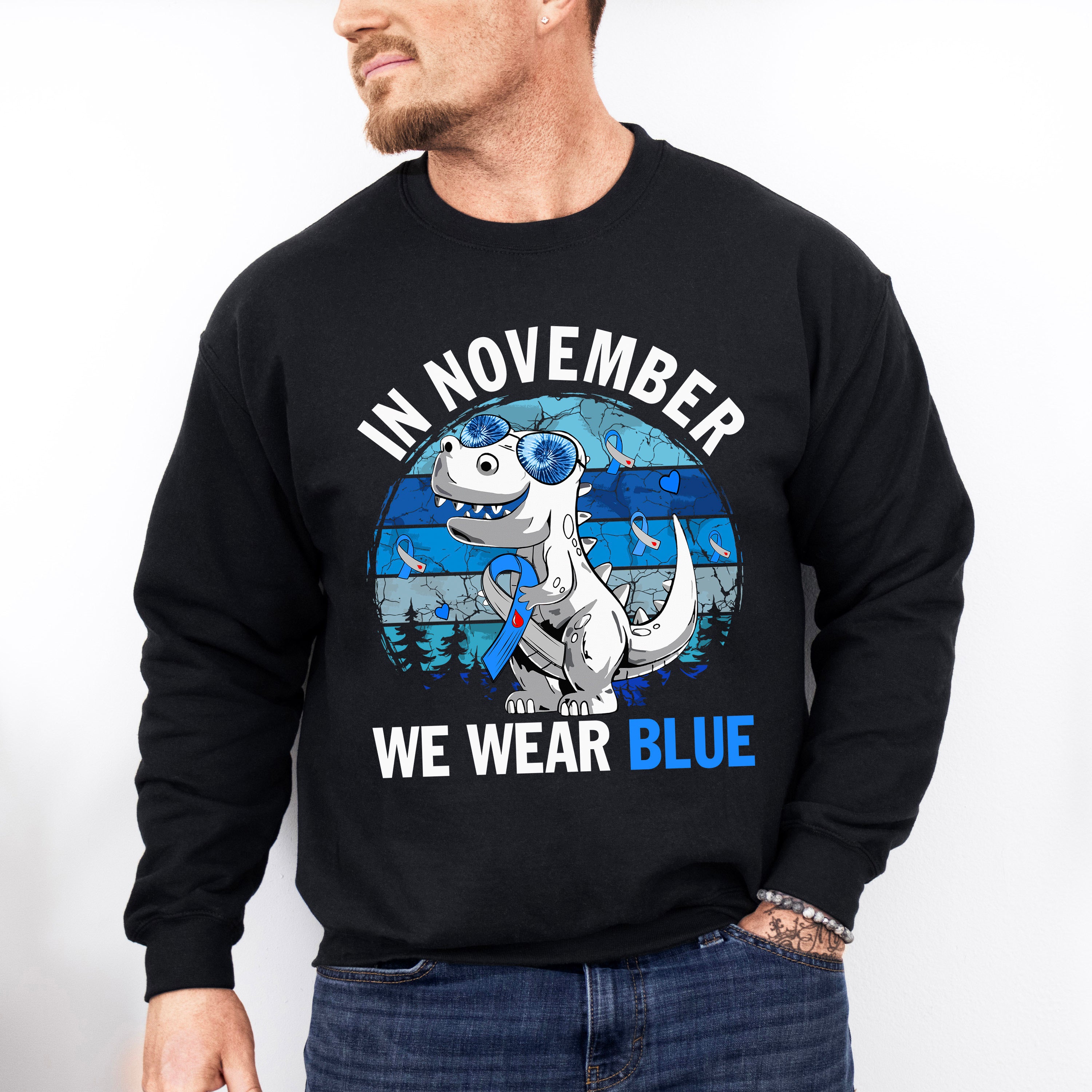 In November We Wear Blue Dinosaur - Diabetes Unisex Crewneck T-Shirt Sweatshirt Hoodie