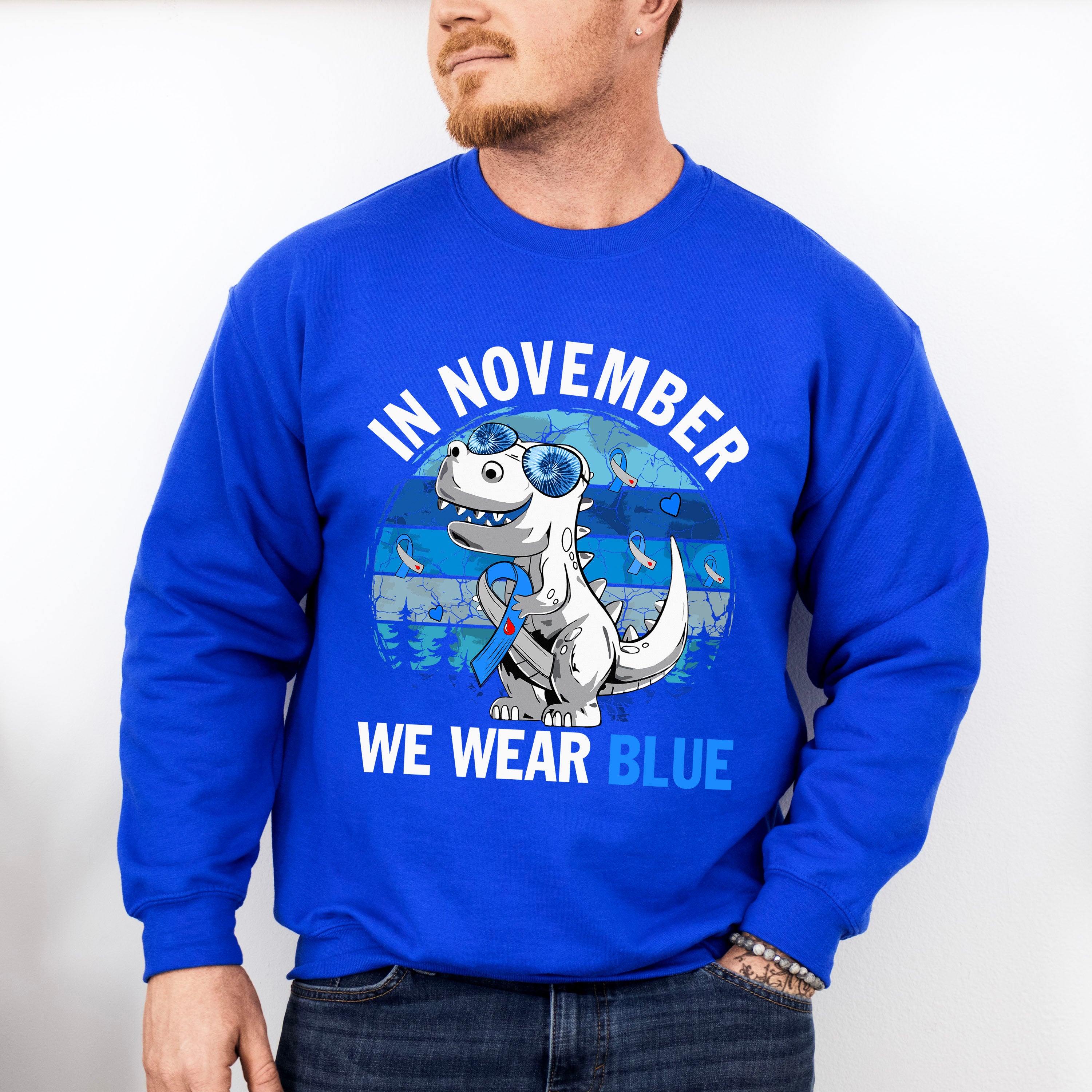 In November We Wear Blue Dinosaur - Diabetes Unisex Crewneck T-Shirt Sweatshirt Hoodie