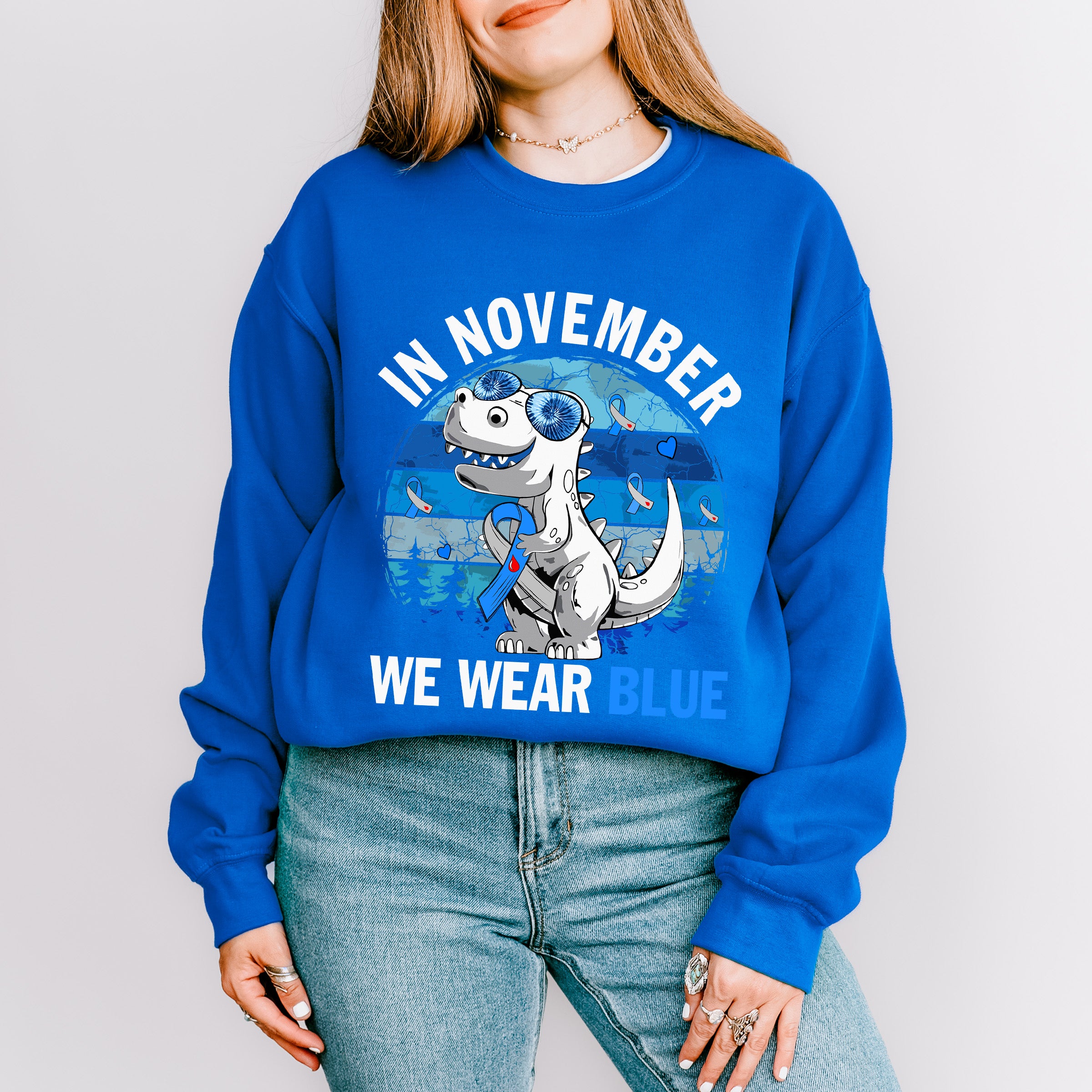 In November We Wear Blue Dinosaur - Diabetes Unisex Crewneck T-Shirt Sweatshirt Hoodie