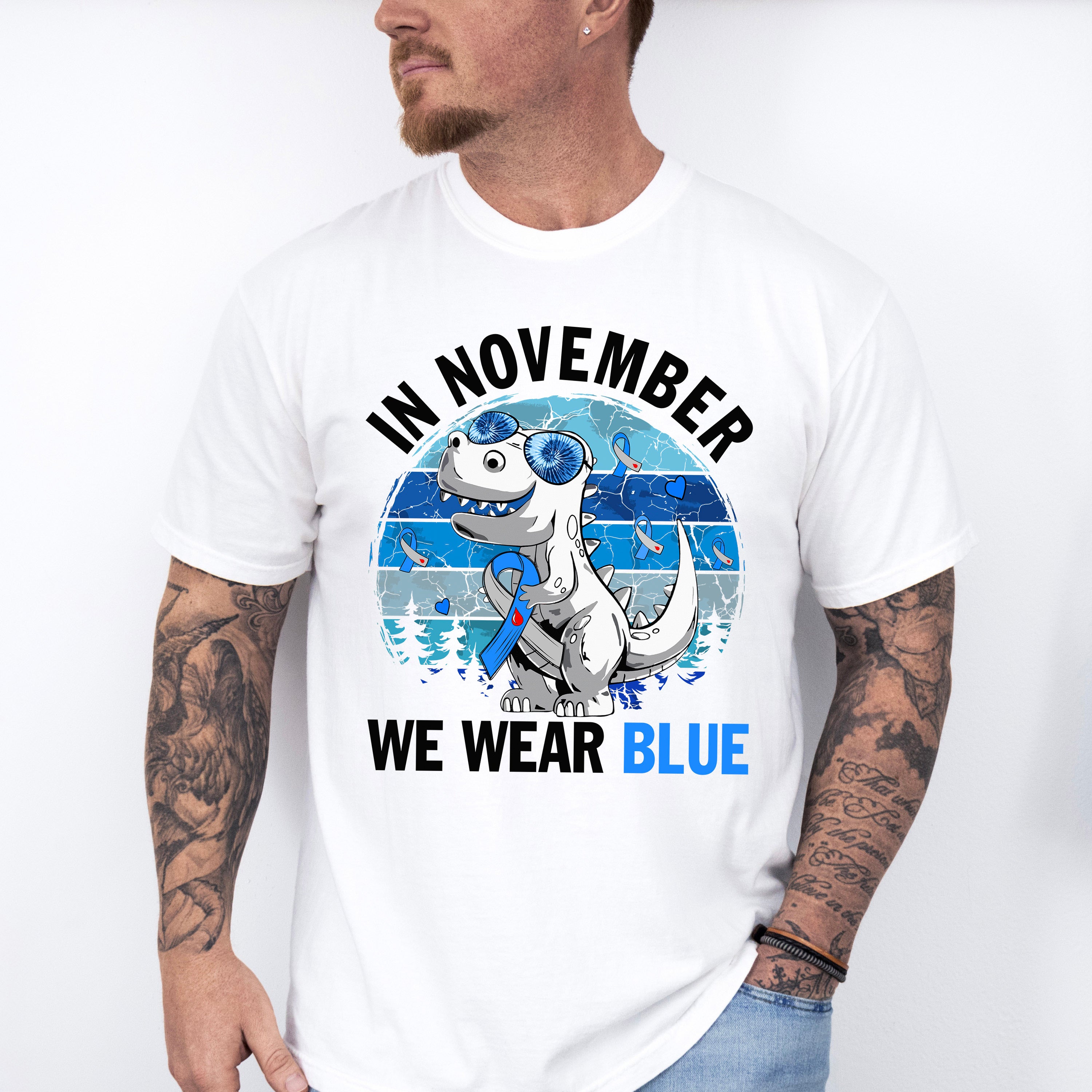 In November We Wear Blue Dinosaur - Diabetes Unisex Crewneck T-Shirt Sweatshirt Hoodie