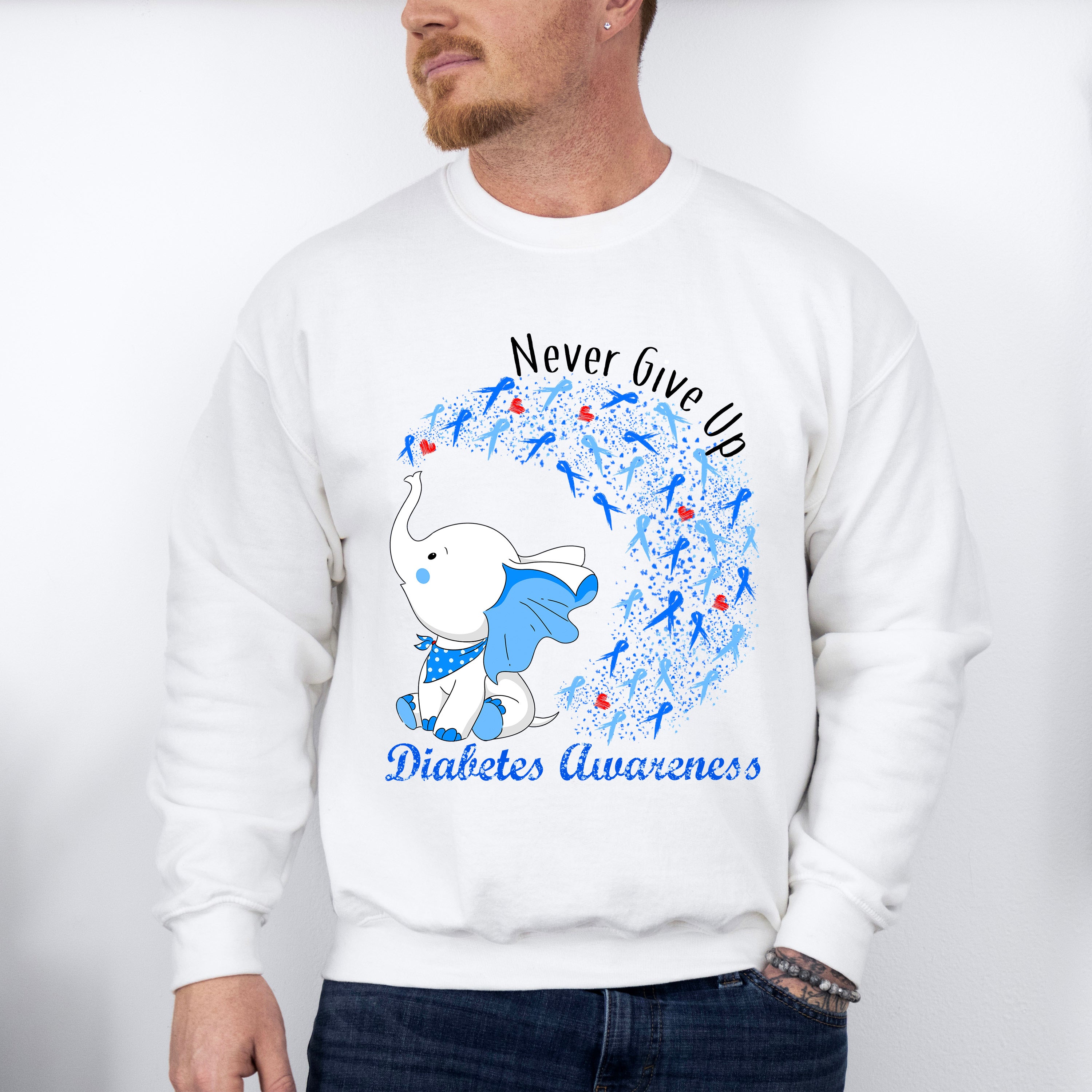 Never Give Up Elephant Design - Diabetes Unisex Crewneck T-Shirt Sweatshirt Hoodie