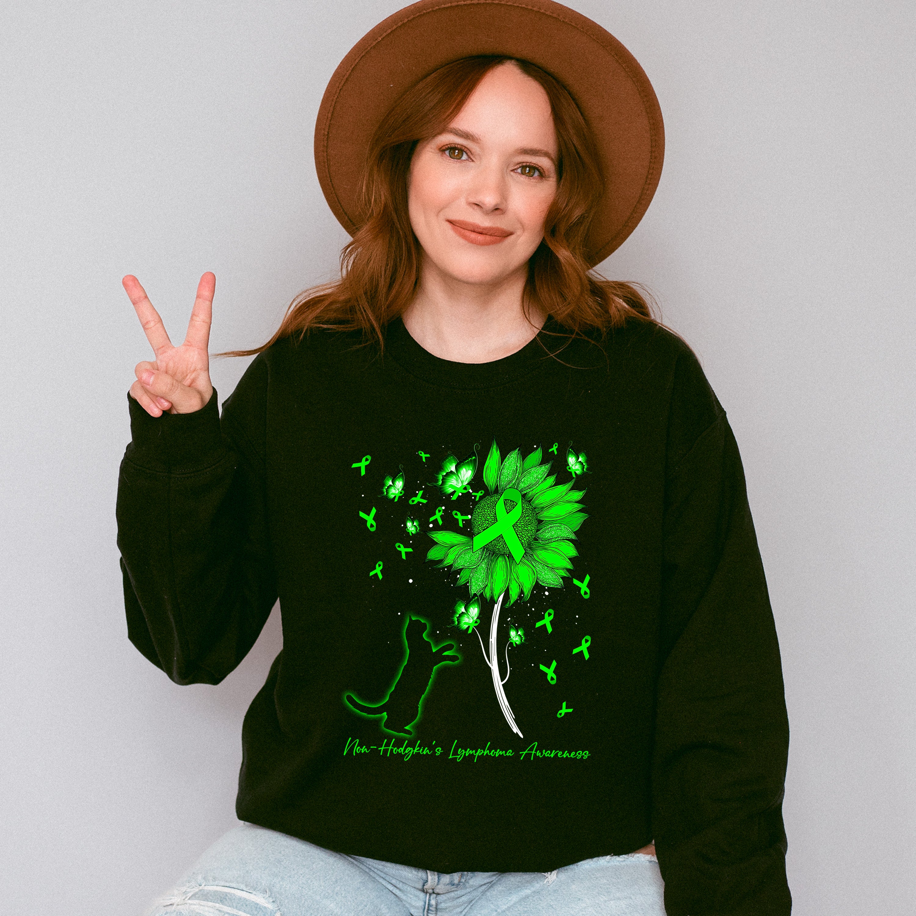 Lymphoma Awareness Cat Flower Design - Lymphoma Unisex Crewneck T-Shirt Sweatshirt Hoodie