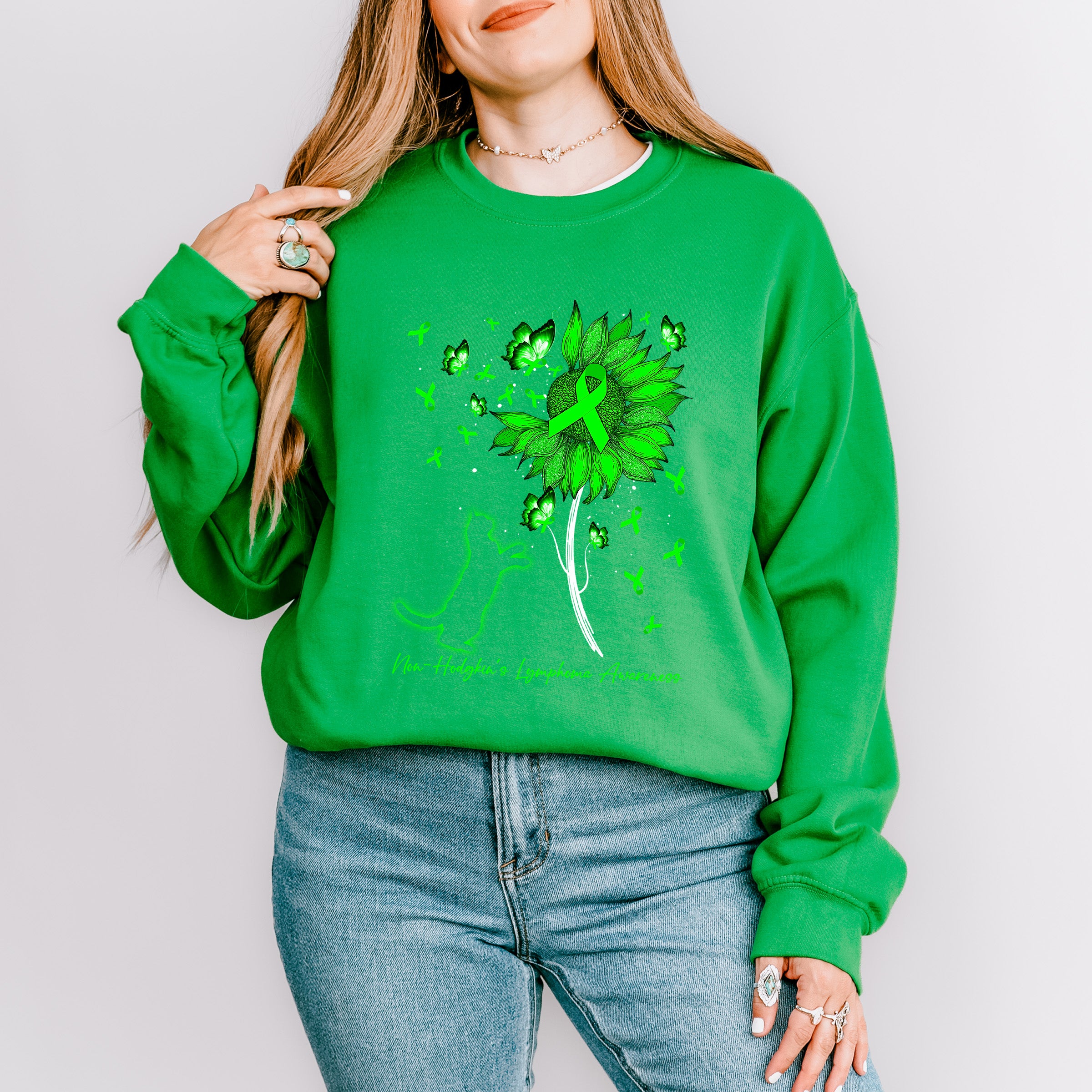 Lymphoma Awareness Cat Flower Design - Lymphoma Unisex Crewneck T-Shirt Sweatshirt Hoodie