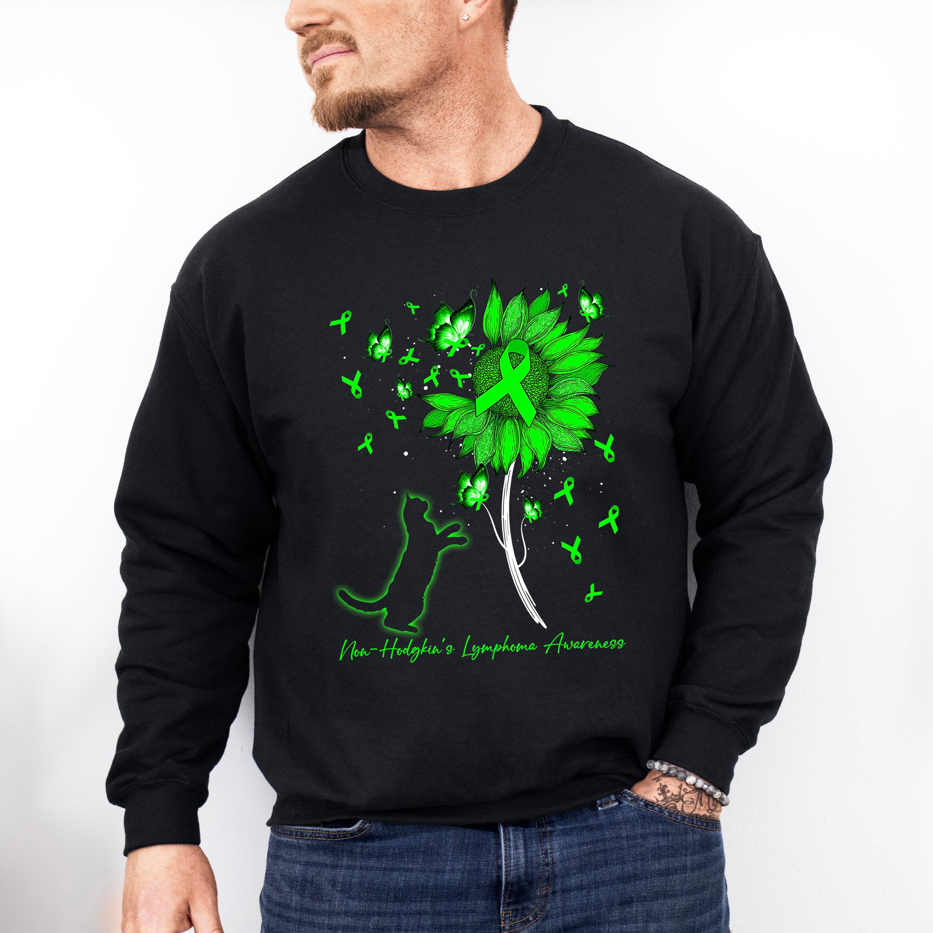 Lymphoma Awareness Cat Flower Design - Lymphoma Unisex Crewneck T-Shirt Sweatshirt Hoodie
