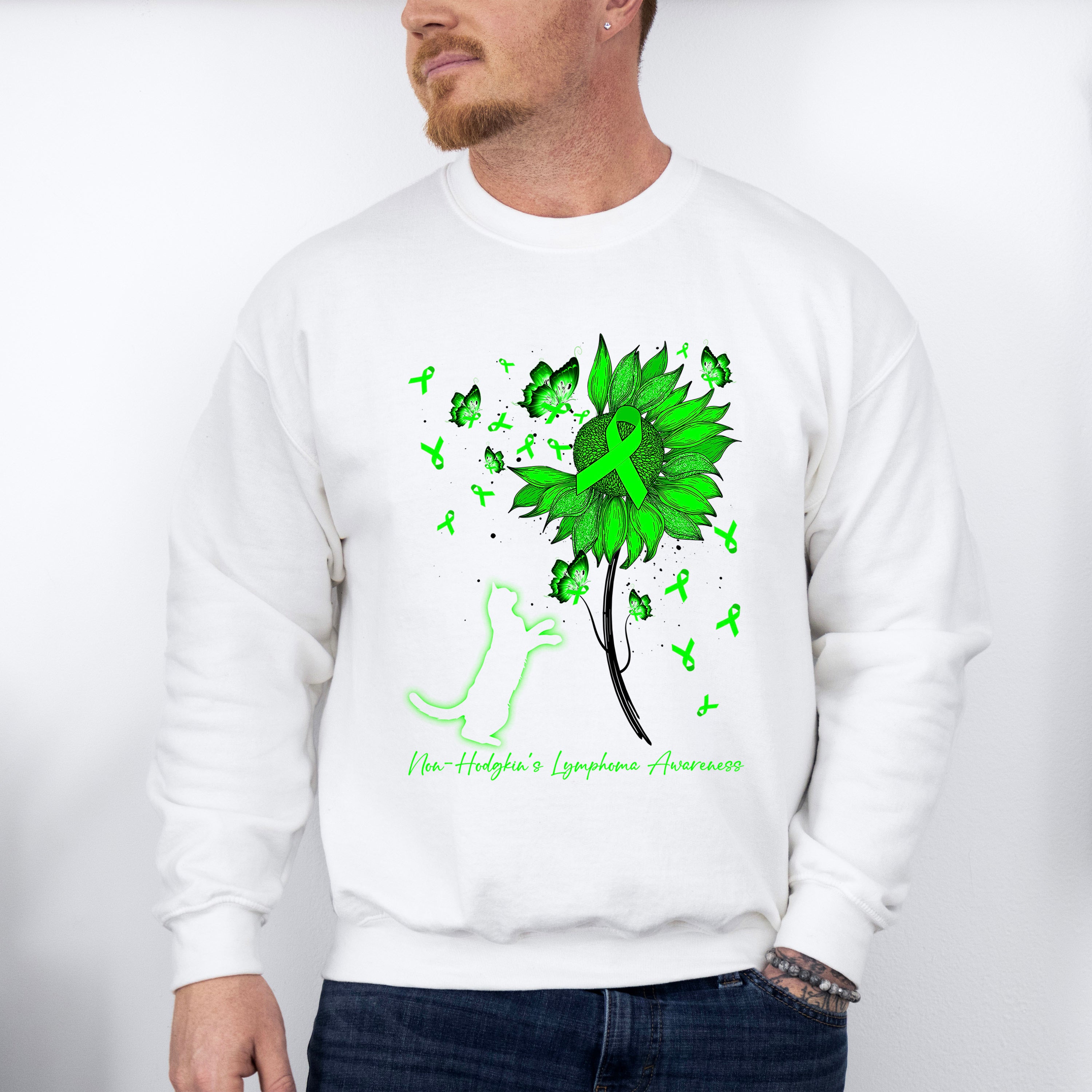 Lymphoma Awareness Cat Flower Design - Lymphoma Unisex Crewneck T-Shirt Sweatshirt Hoodie