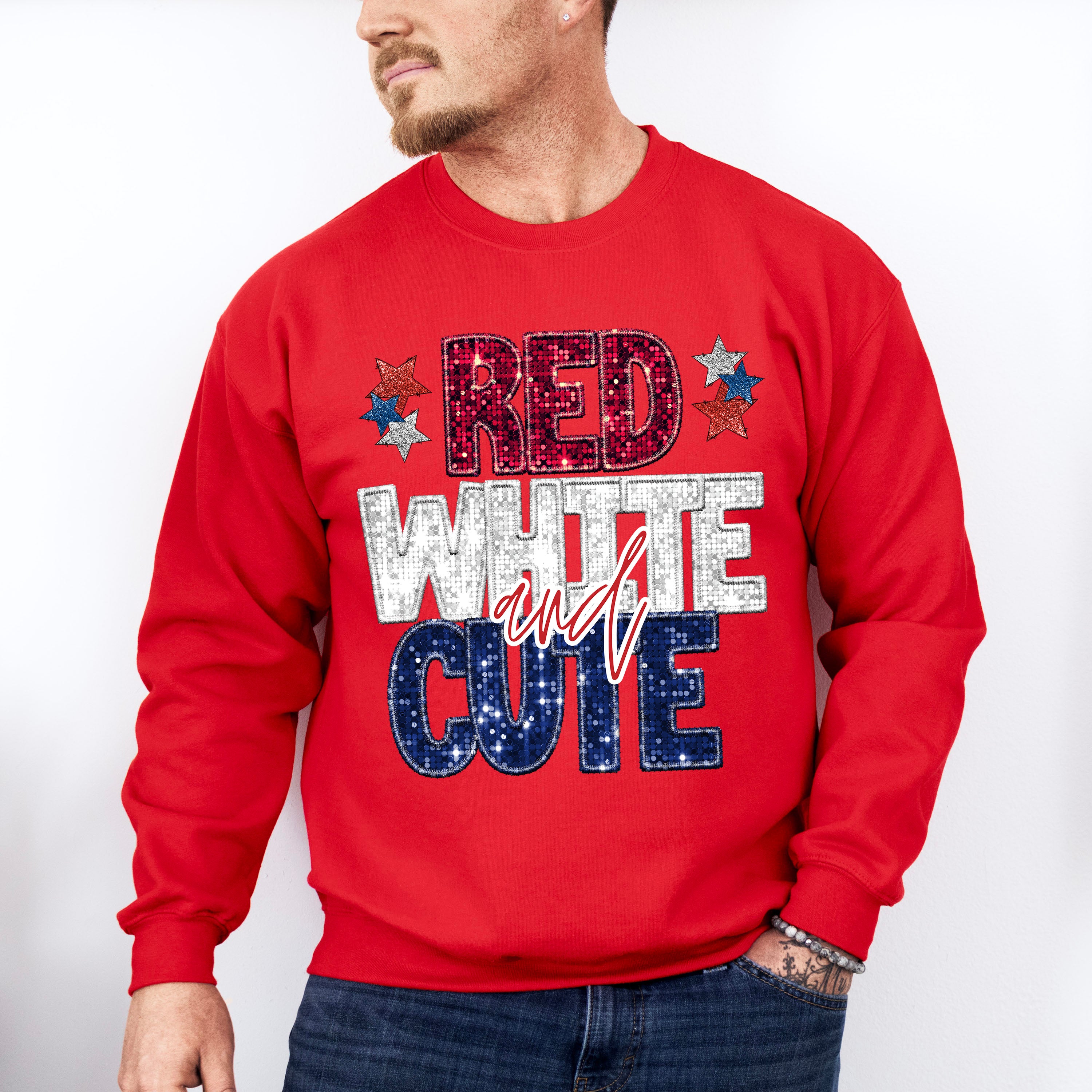 Glitter Red White And Cute 4th Of July Unisex Crewneck T-Shirt Sweatshirt Hoodie