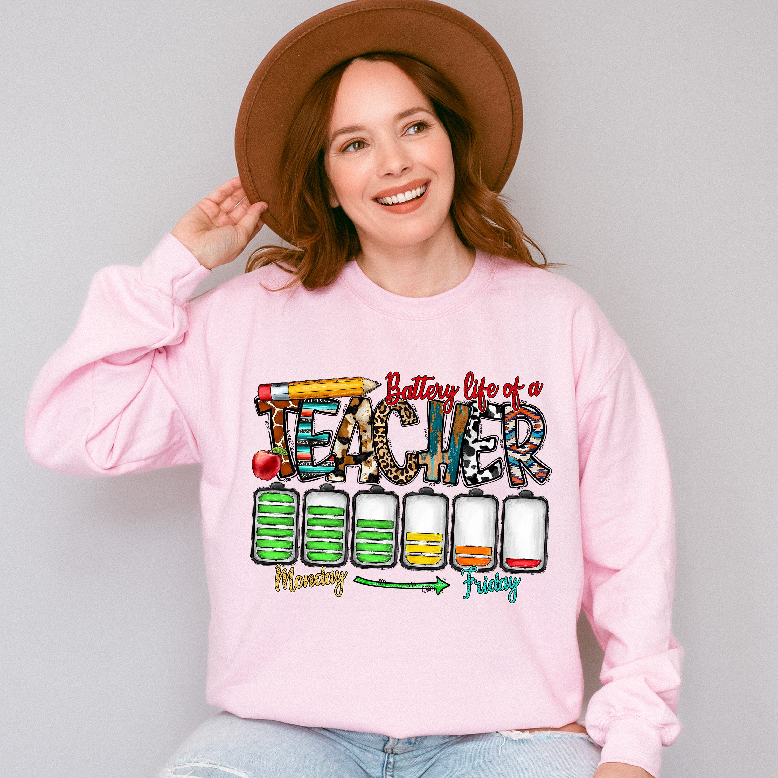 Battery Life Of A Teacher Monday To Friday - Teacher Unisex Crewneck T-Shirt Sweatshirt Hoodie