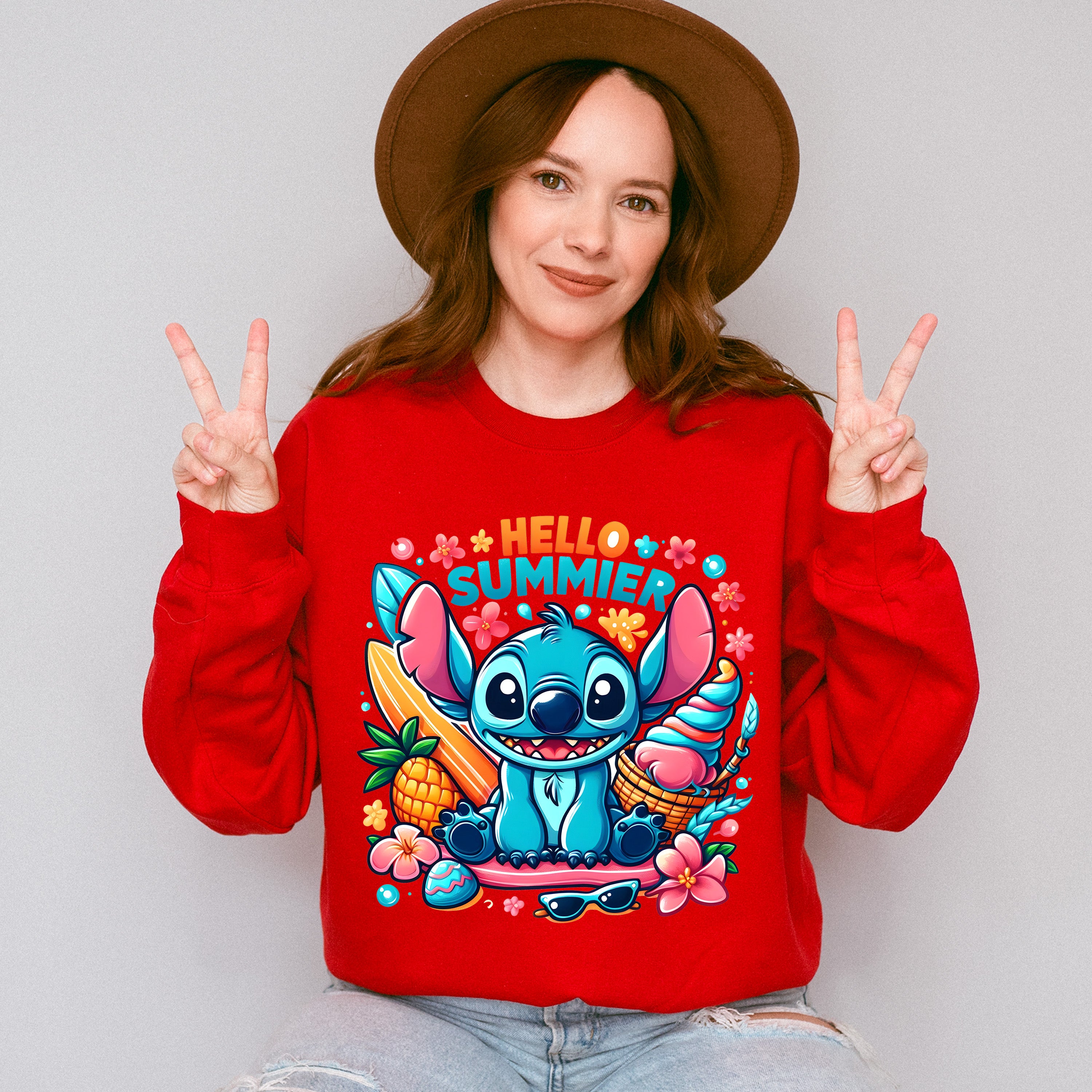 Stitch Hello Summer Design - Summer Theme Unisex Crewneck T-Shirt Sweatshirt Hoodie