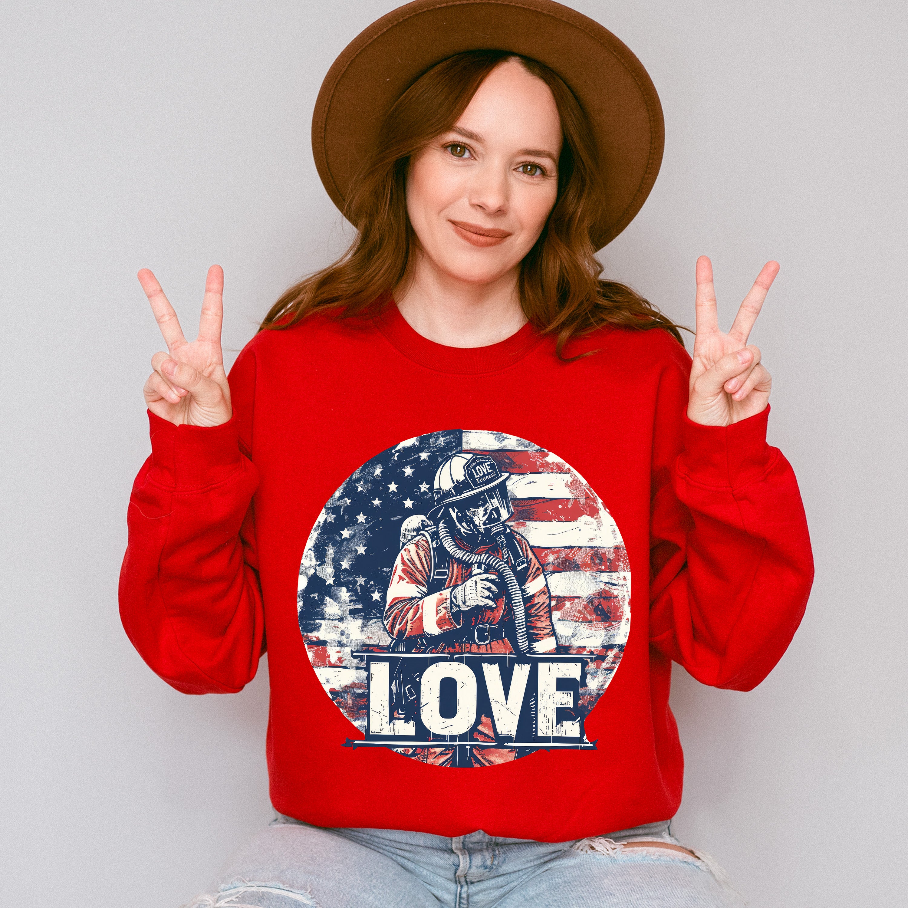 US Flag Love Design - Firefighter Unisex Crewneck T-Shirt Sweatshirt Hoodie