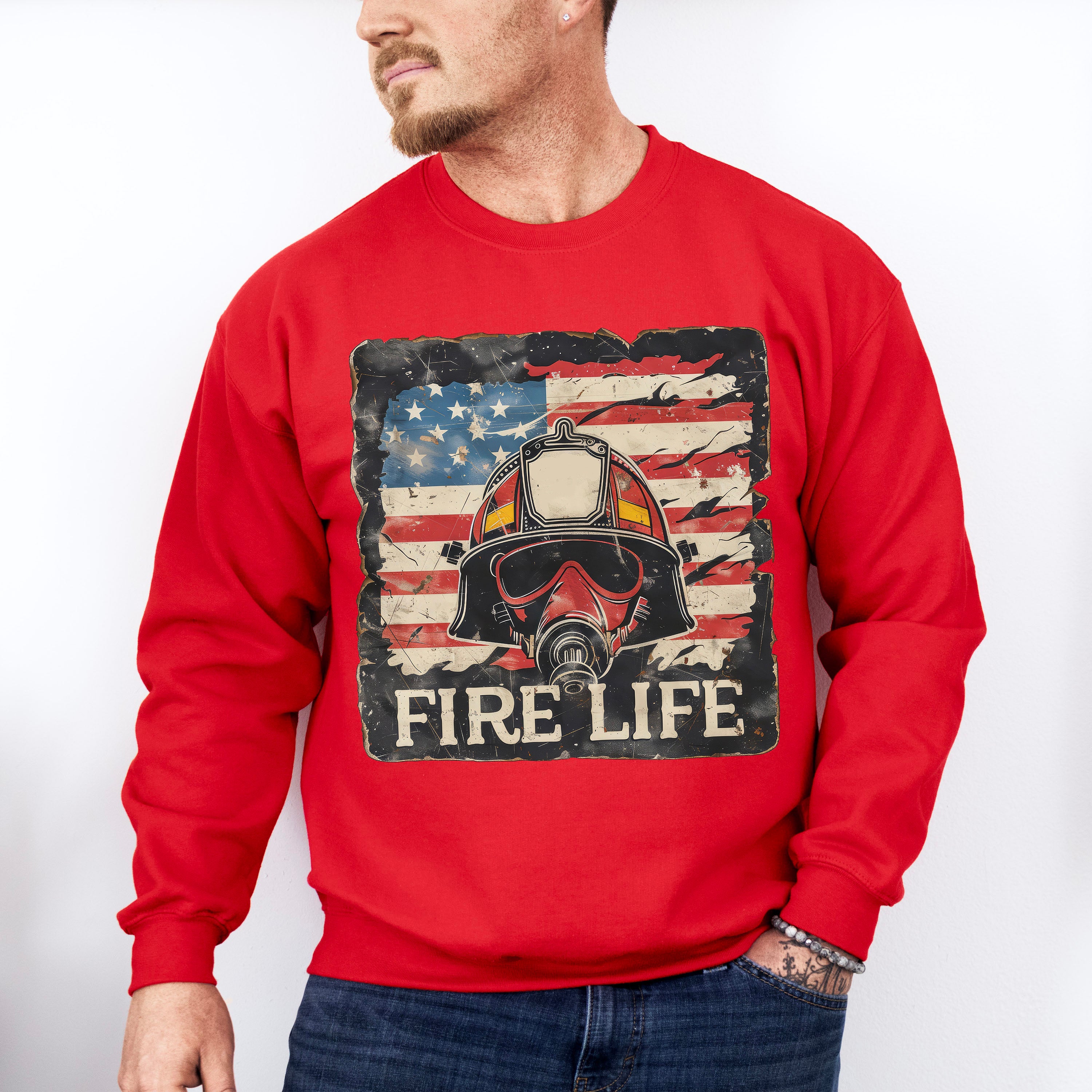 Fire Life US Flag Design - Firefighter Unisex Crewneck T-Shirt Sweatshirt Hoodie