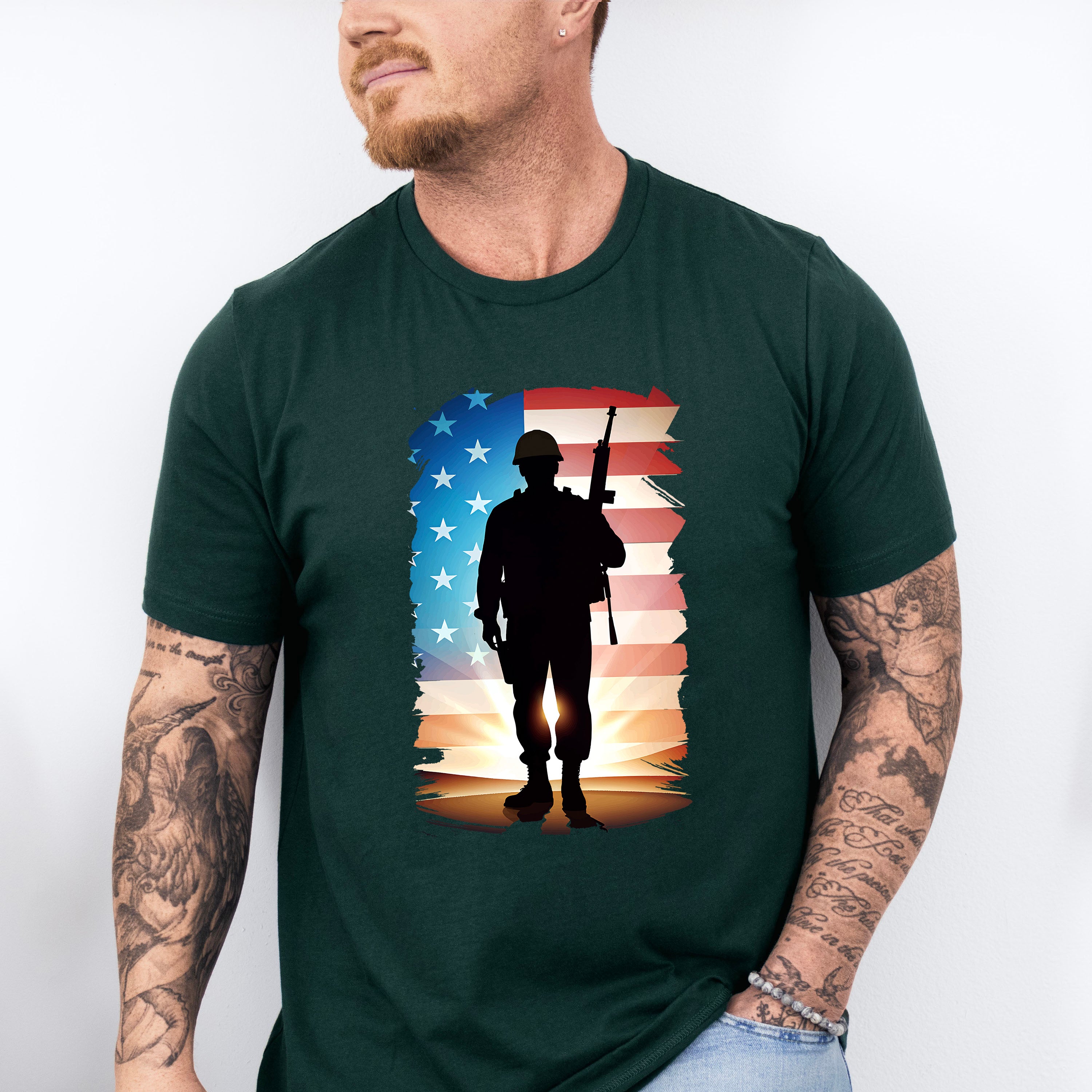 US Flag Soldier Silhouette Design - Military Unisex Crewneck T-Shirt Sweatshirt Hoodie