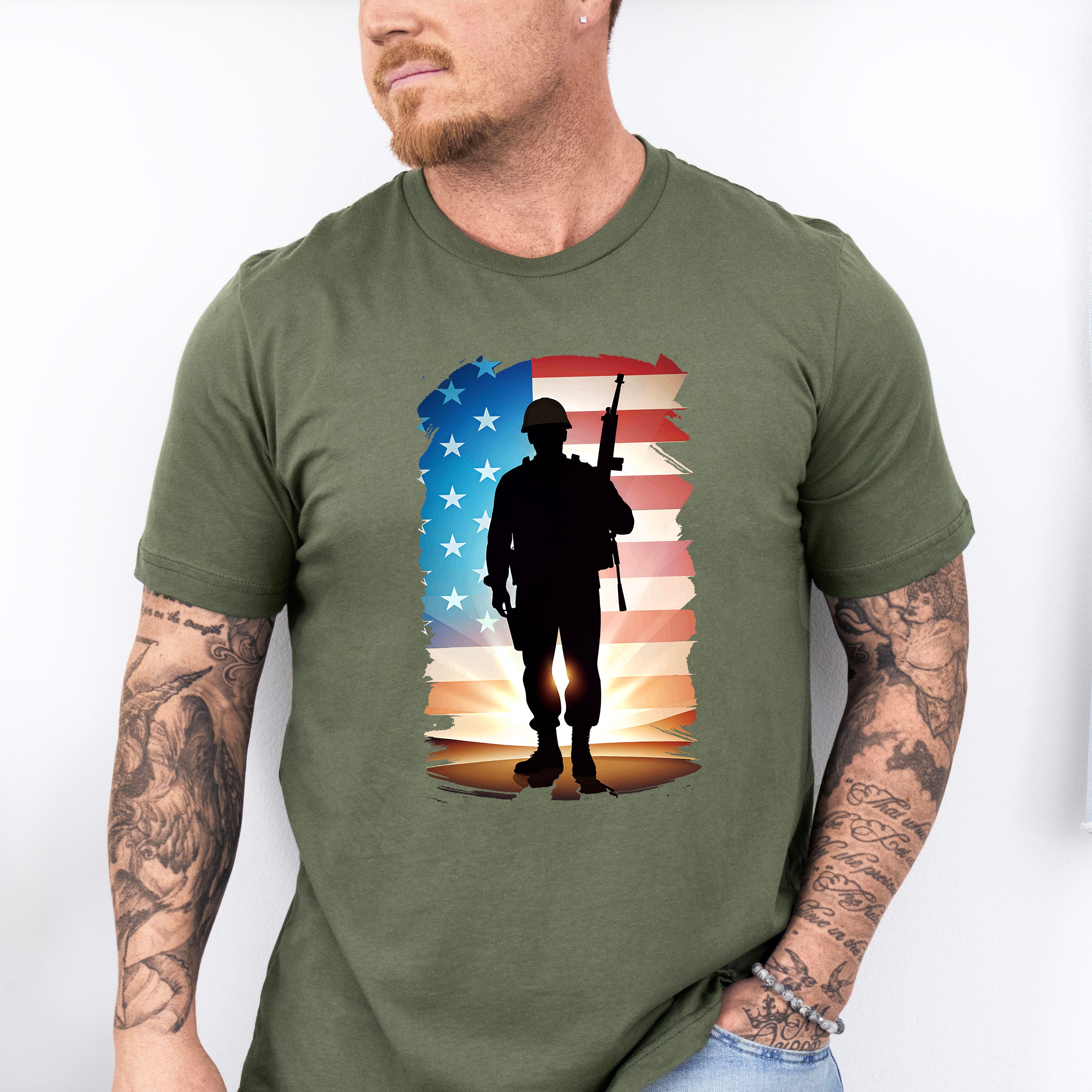 US Flag Soldier Silhouette Design - Military Unisex Crewneck T-Shirt Sweatshirt Hoodie