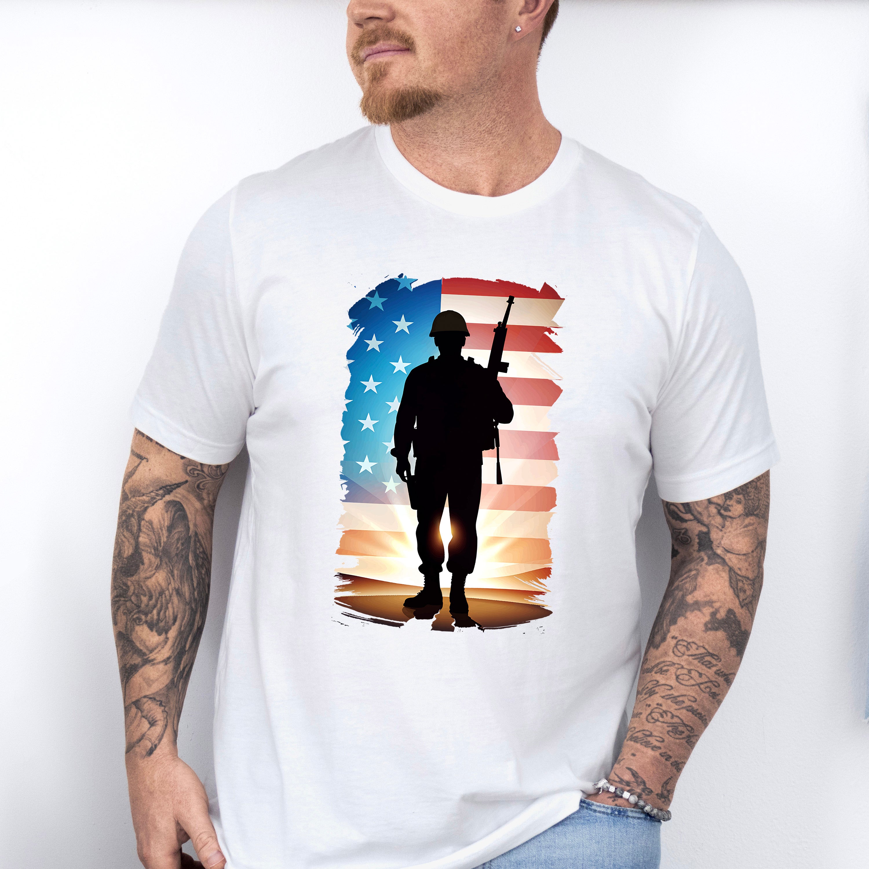 US Flag Soldier Silhouette Design - Military Unisex Crewneck T-Shirt Sweatshirt Hoodie