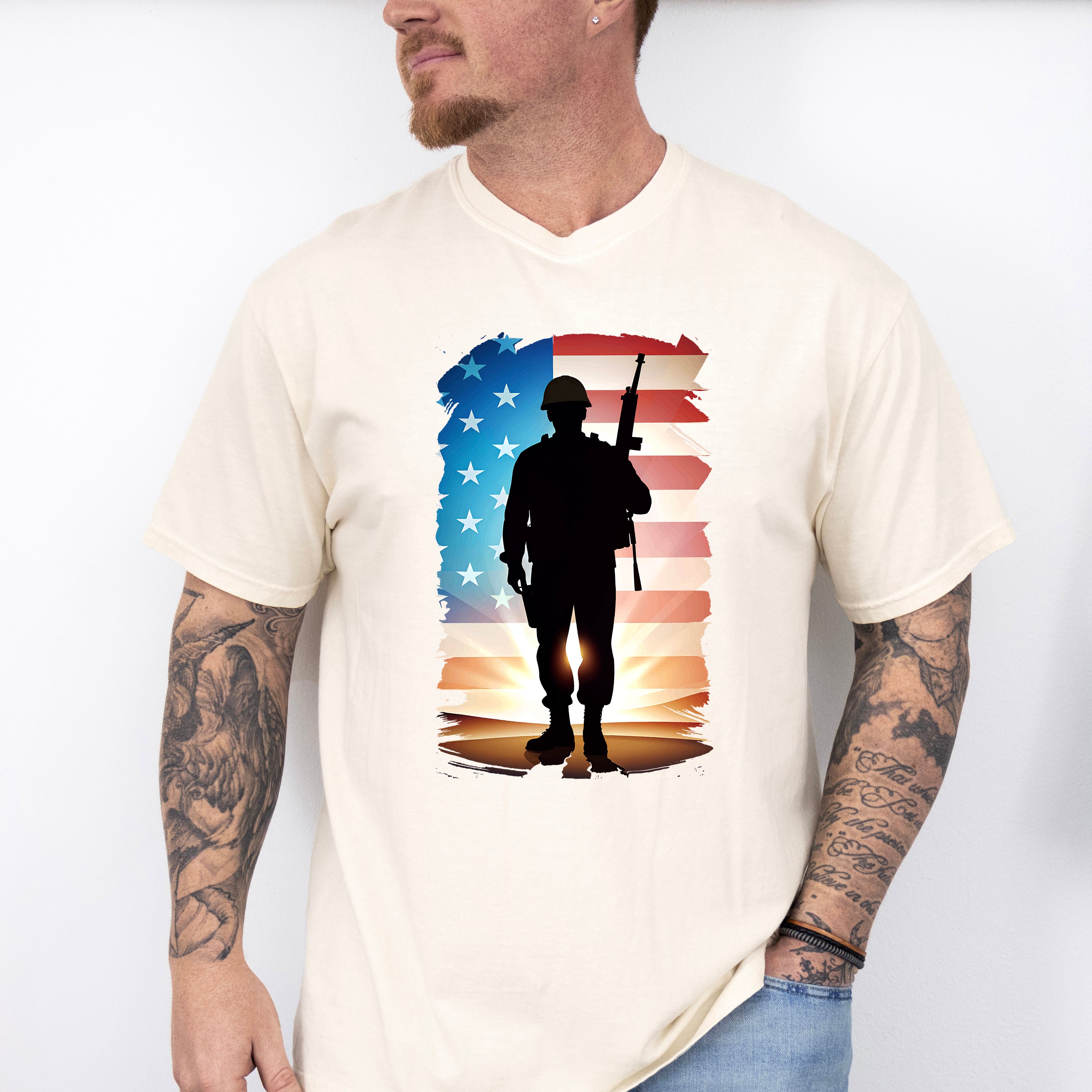 US Flag Soldier Silhouette Design - Military Unisex Crewneck T-Shirt Sweatshirt Hoodie