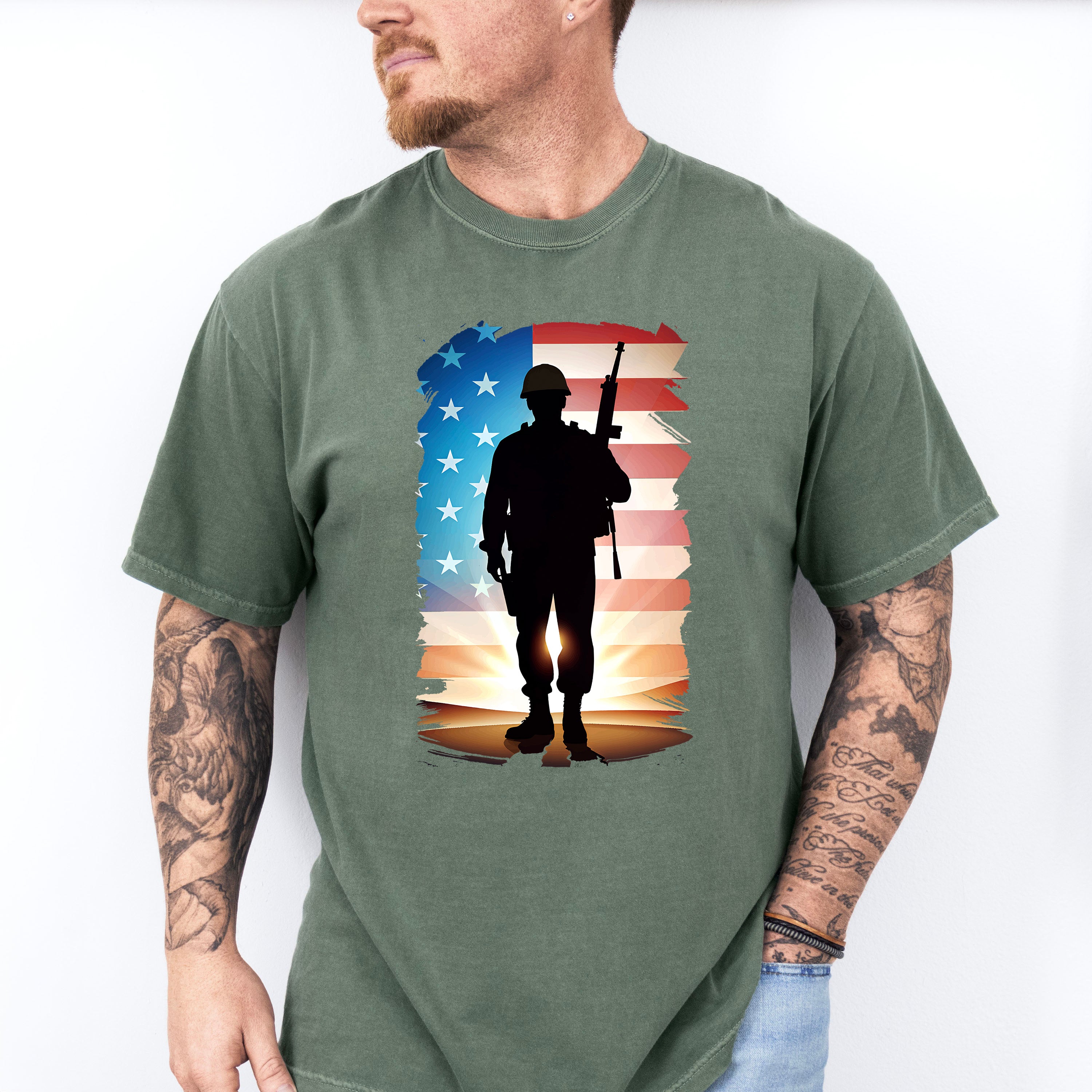 US Flag Soldier Silhouette Design - Military Unisex Crewneck T-Shirt Sweatshirt Hoodie
