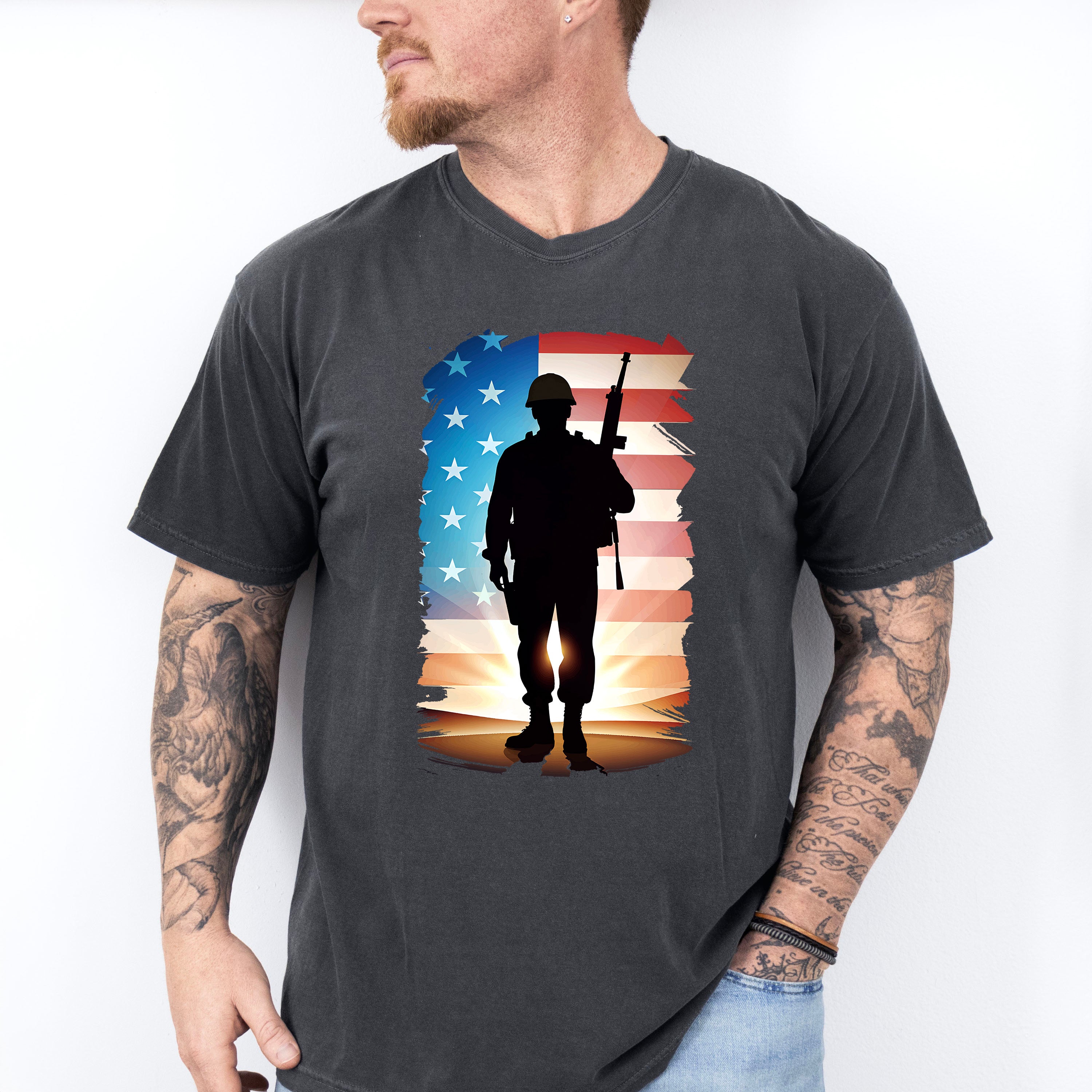 US Flag Soldier Silhouette Design - Military Unisex Crewneck T-Shirt Sweatshirt Hoodie