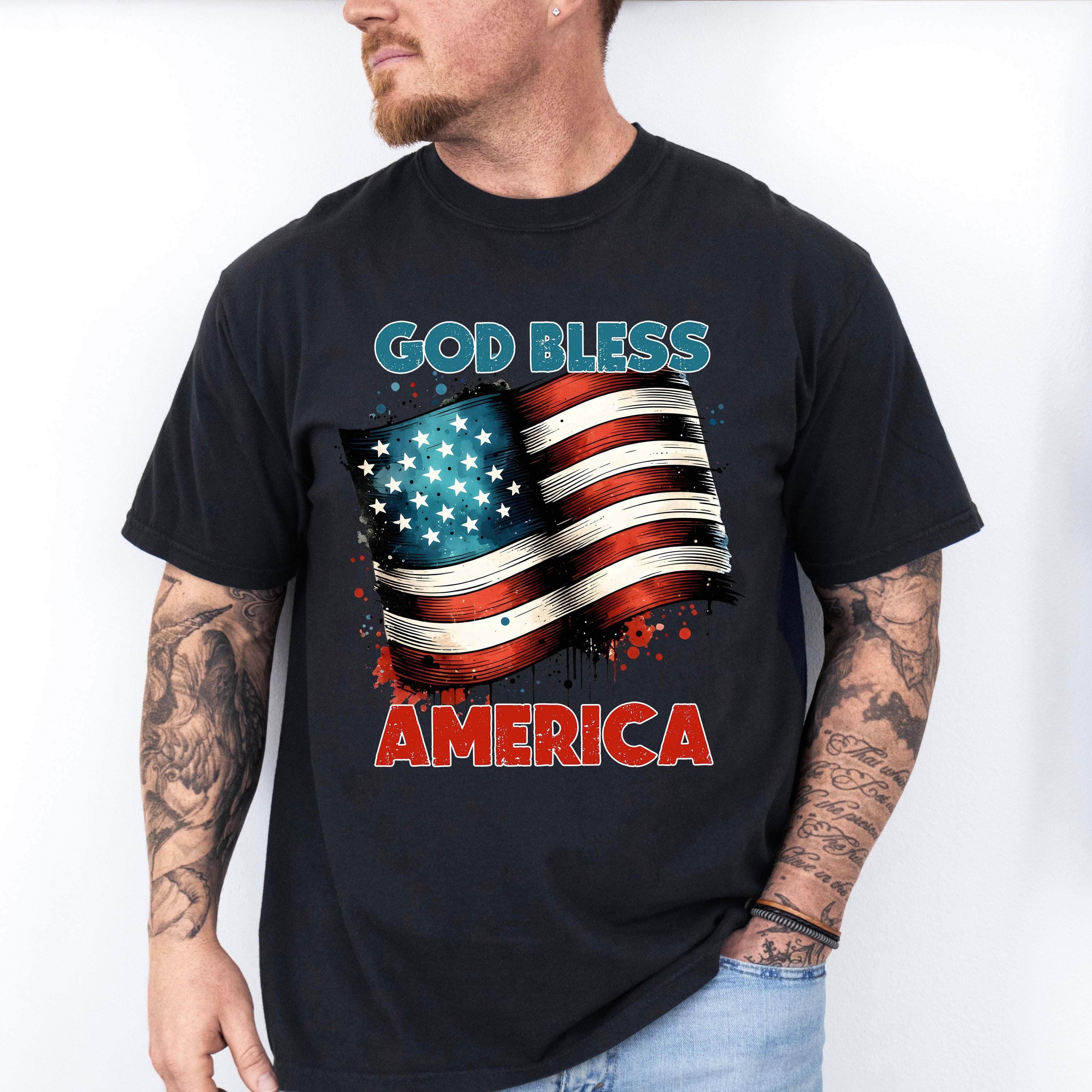 God Bless America US Flag Design - Military Unisex Crewneck T-Shirt Sweatshirt Hoodie