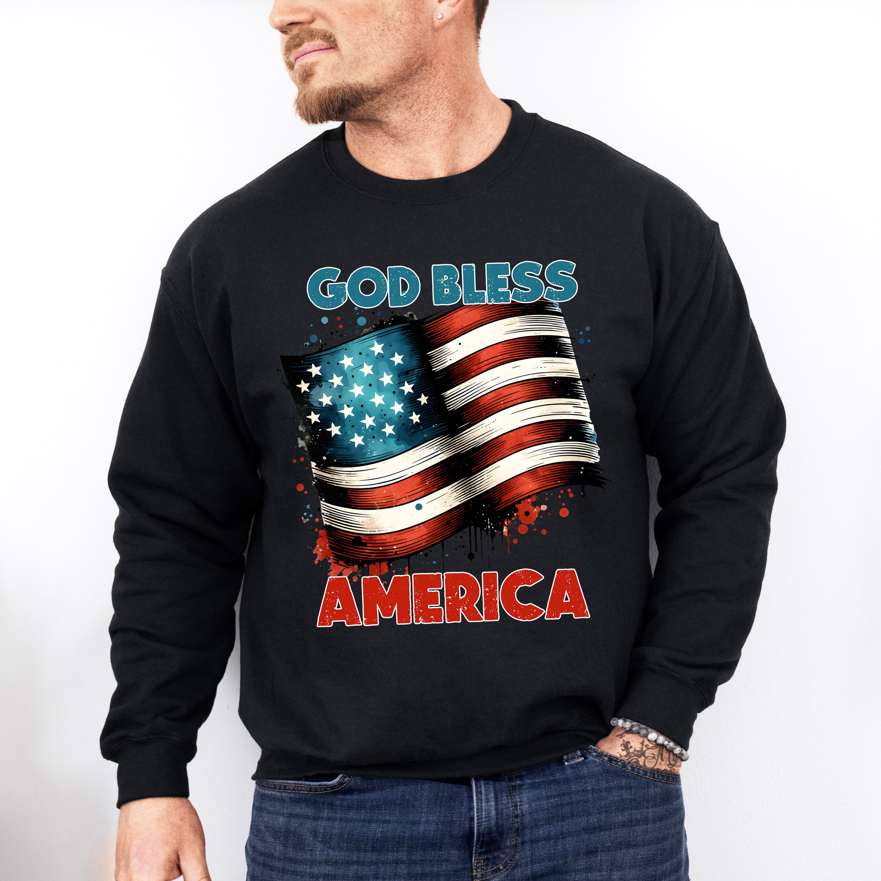God Bless America US Flag Design - Military Unisex Crewneck T-Shirt Sweatshirt Hoodie