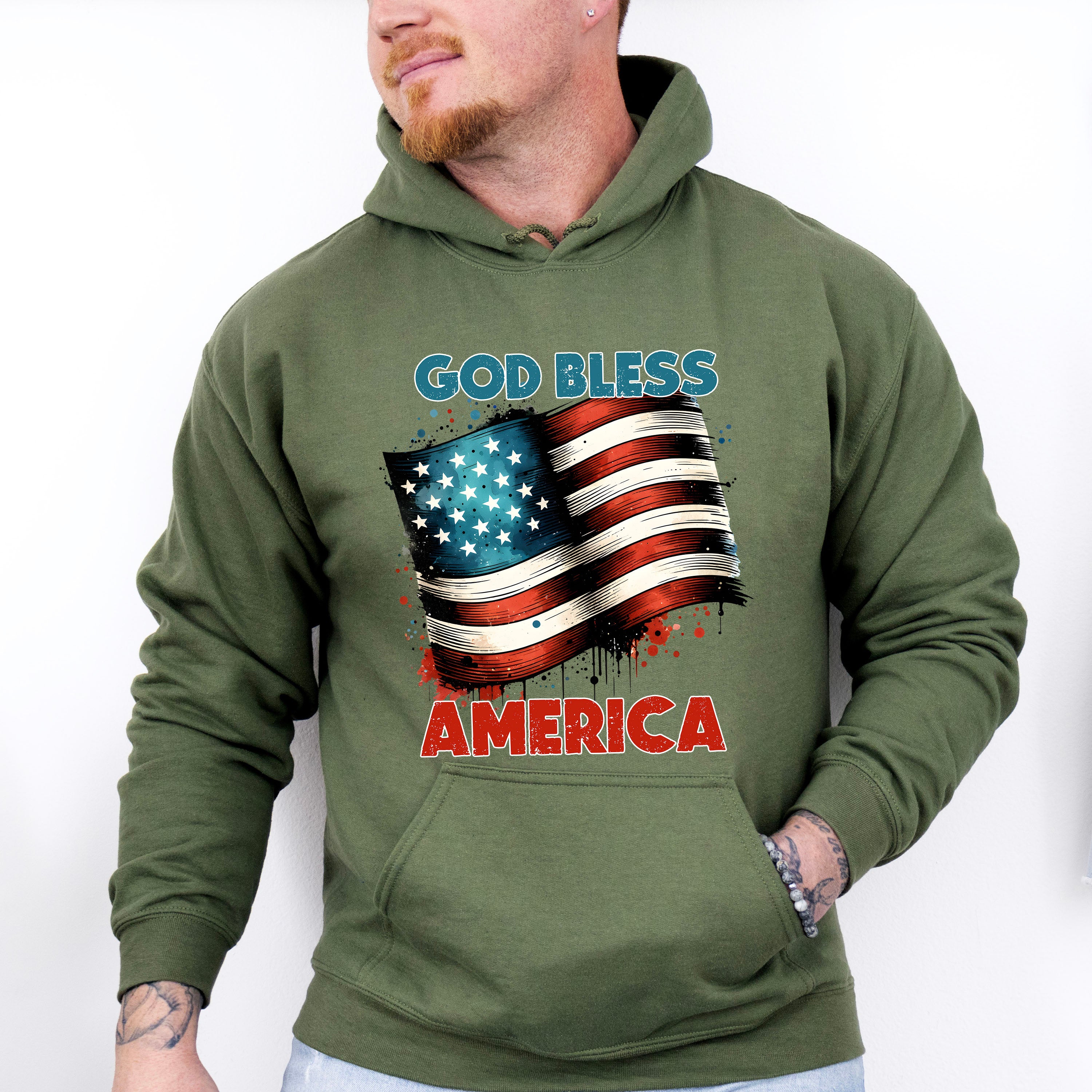 God Bless America US Flag Design - Military Unisex Crewneck T-Shirt Sweatshirt Hoodie