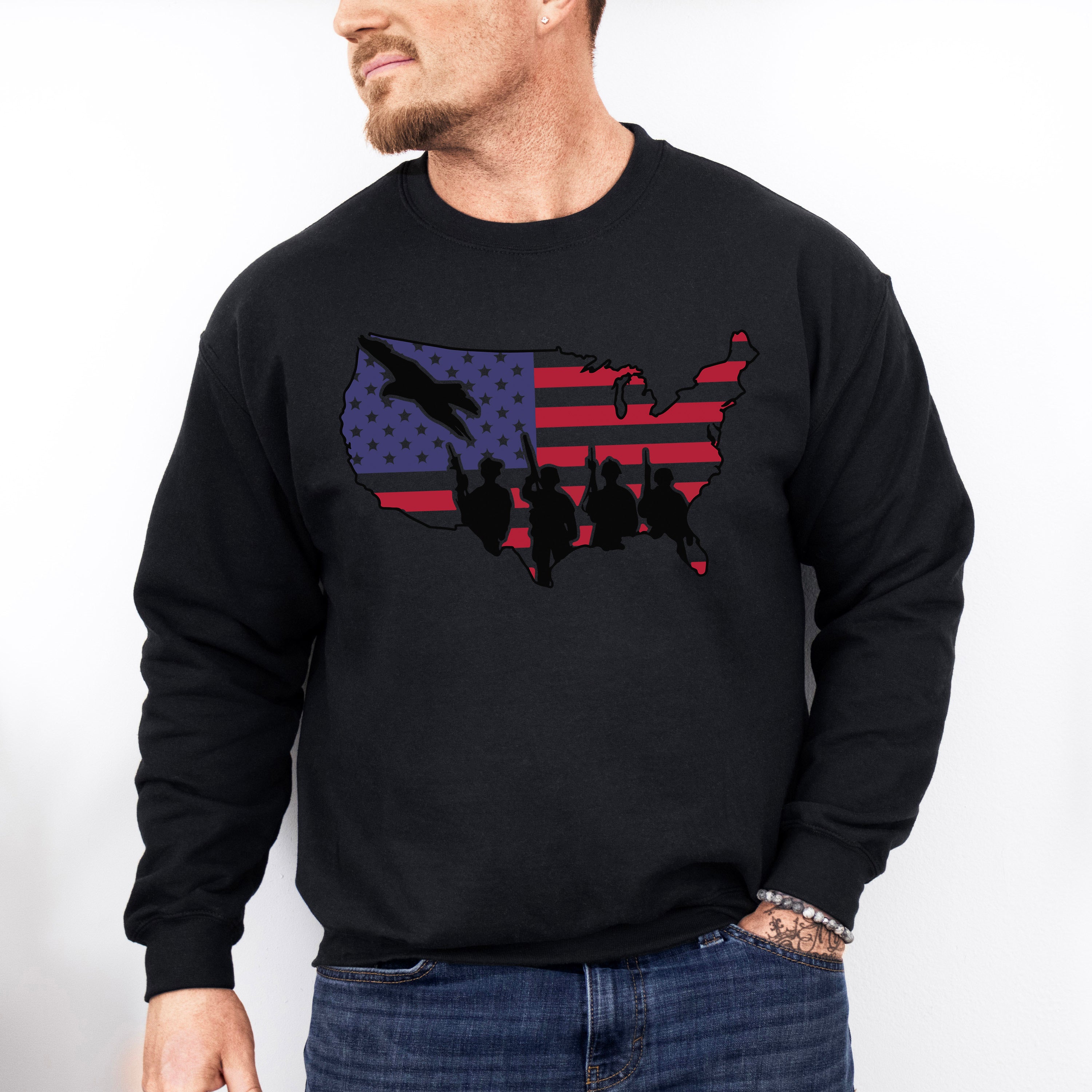 US Map Soldiers Silhouette - Military Unisex Crewneck T-Shirt Sweatshirt Hoodie