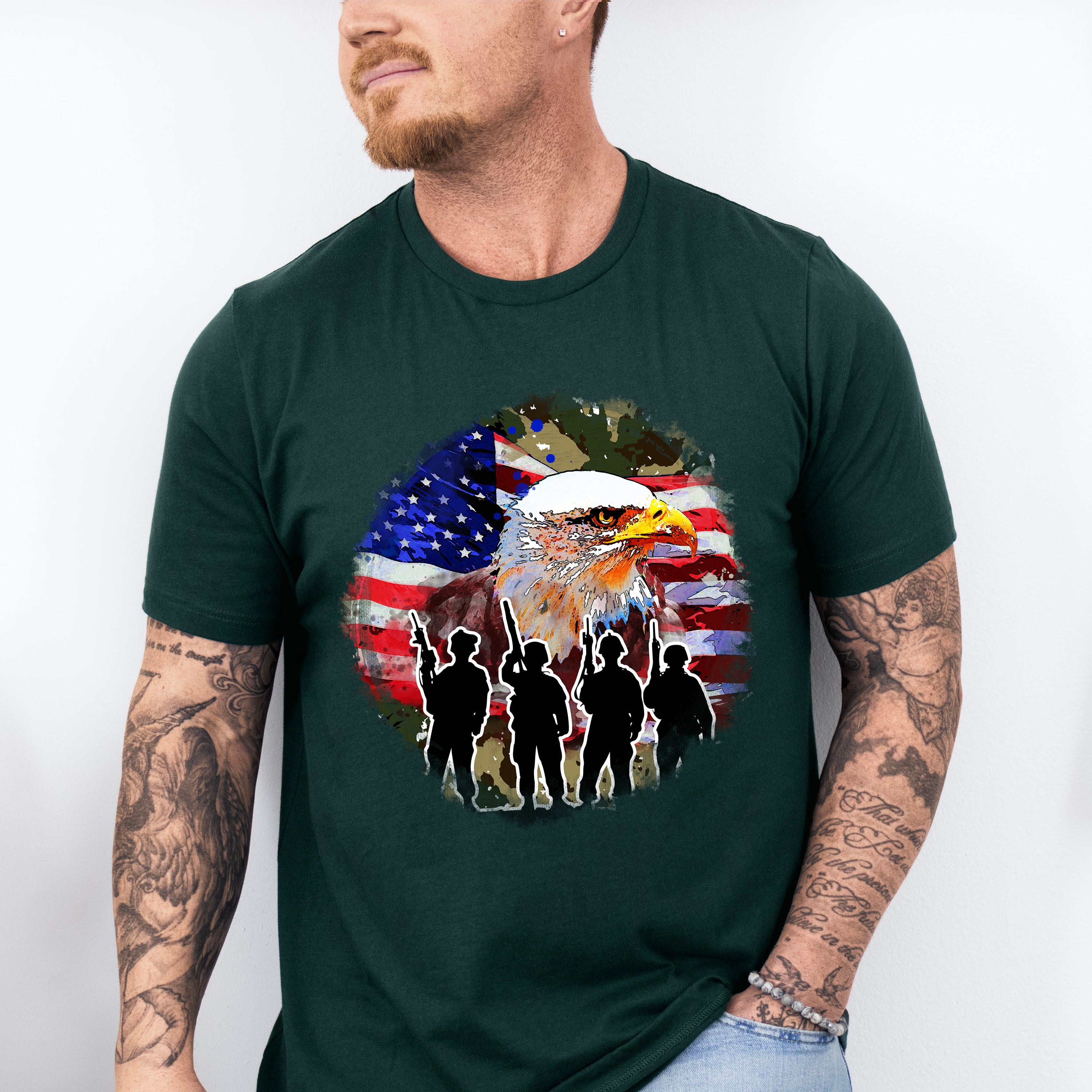 Bald Eagle Soldiers Silhouette Design - Military Unisex Crewneck T-Shirt Sweatshirt Hoodie