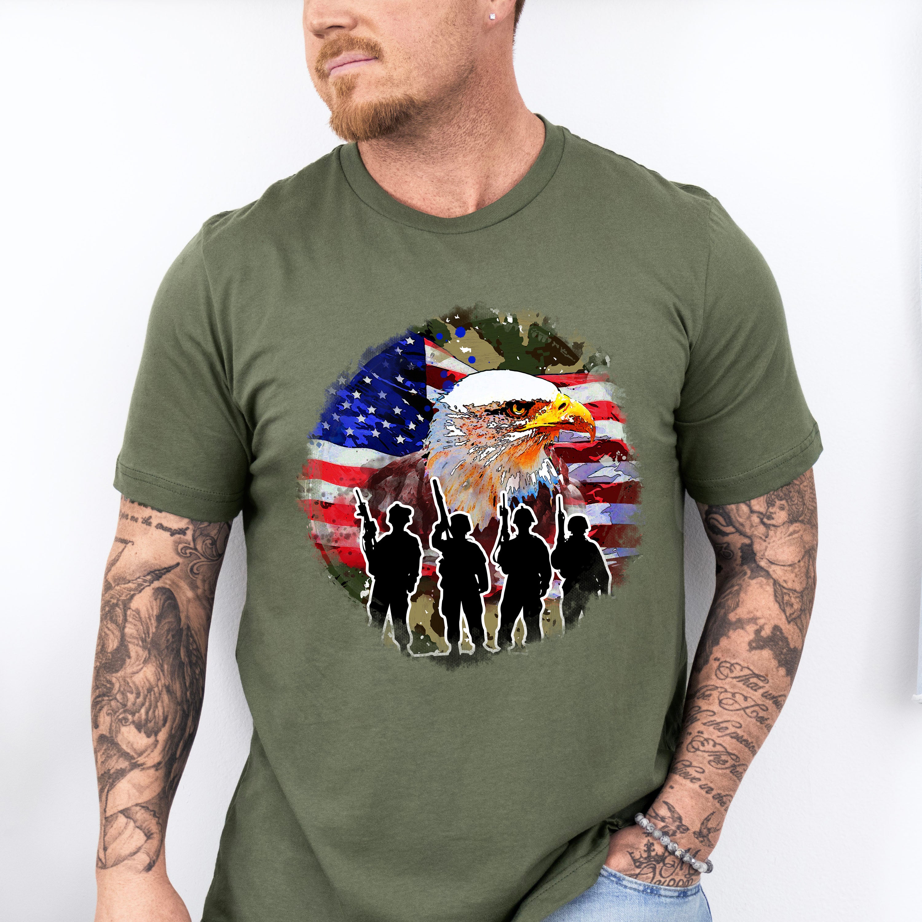 Bald Eagle Soldiers Silhouette Design - Military Unisex Crewneck T-Shirt Sweatshirt Hoodie