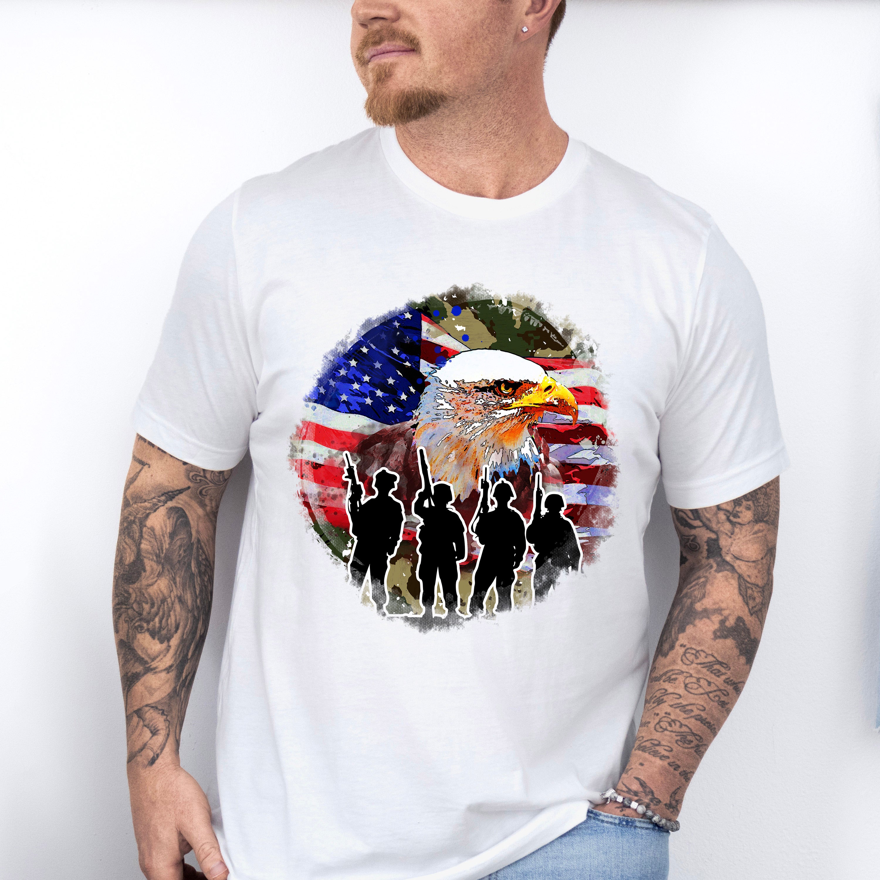 Bald Eagle Soldiers Silhouette Design - Military Unisex Crewneck T-Shirt Sweatshirt Hoodie