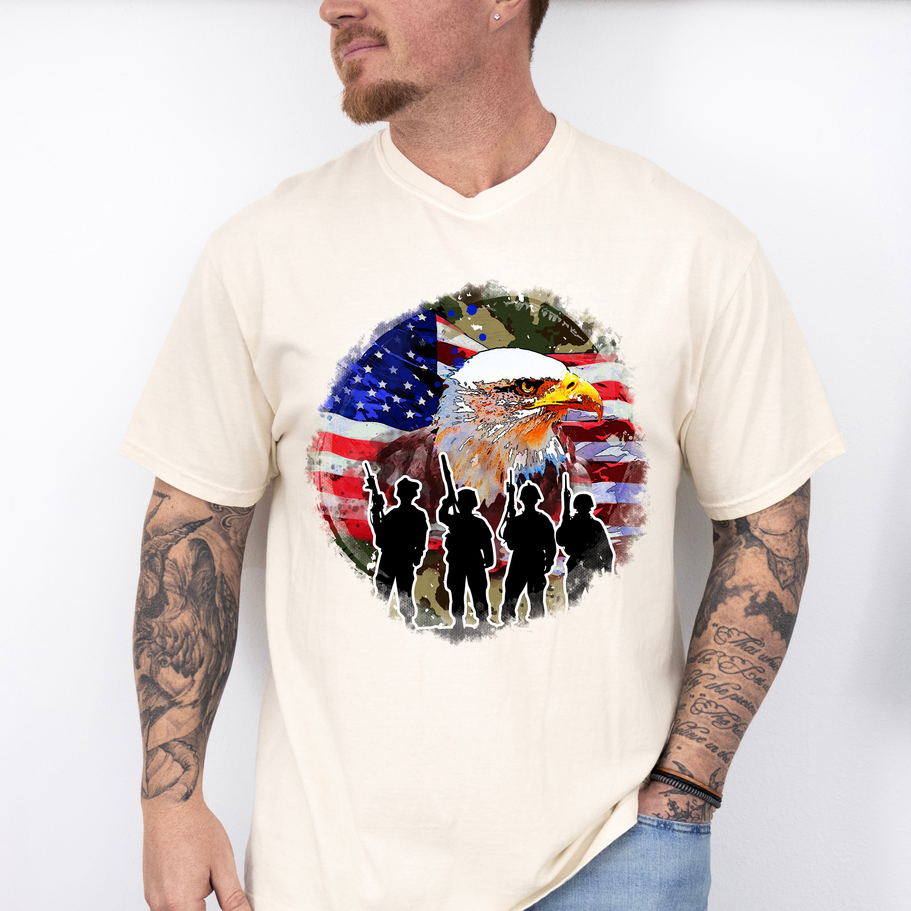 Bald Eagle Soldiers Silhouette Design - Military Unisex Crewneck T-Shirt Sweatshirt Hoodie