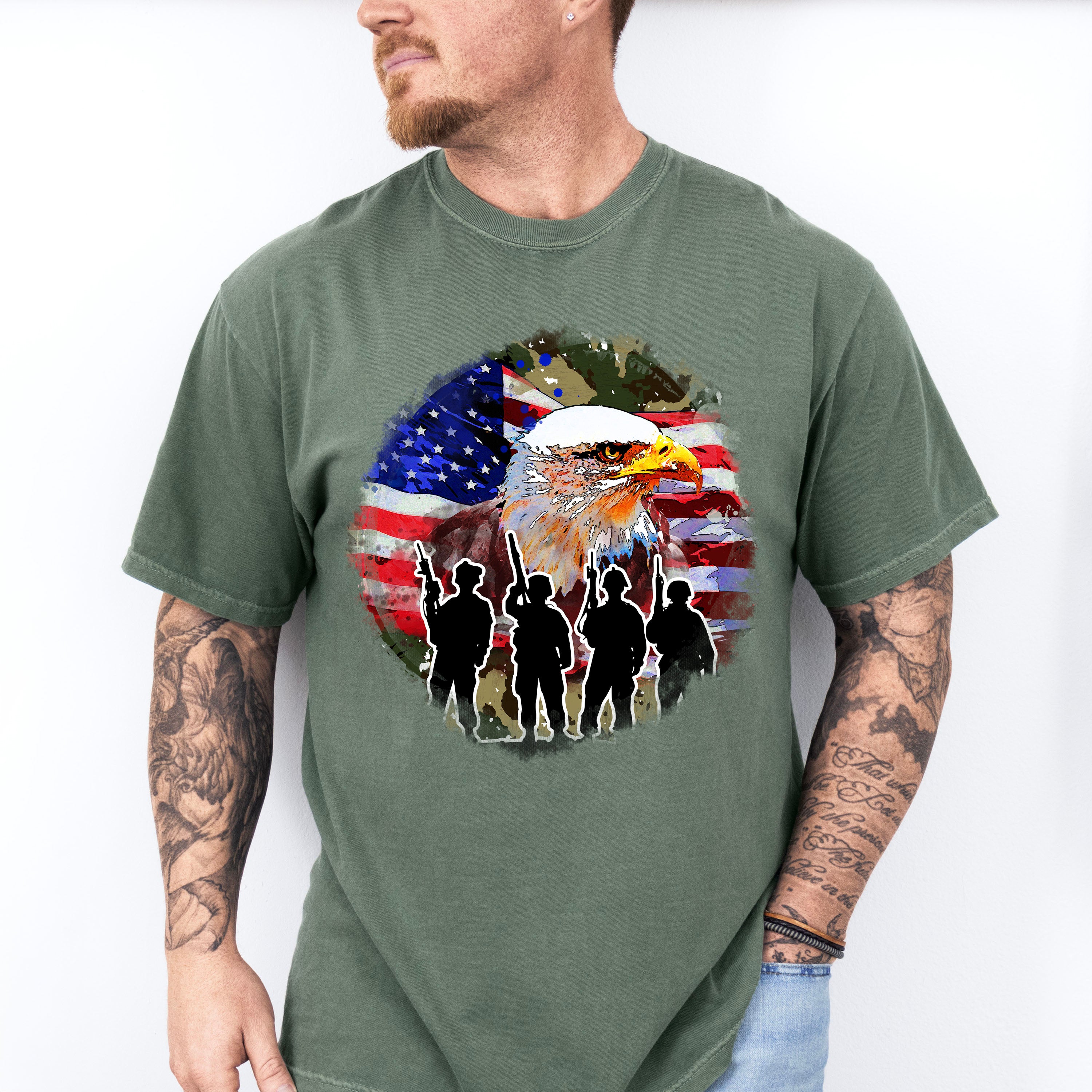 Bald Eagle Soldiers Silhouette Design - Military Unisex Crewneck T-Shirt Sweatshirt Hoodie