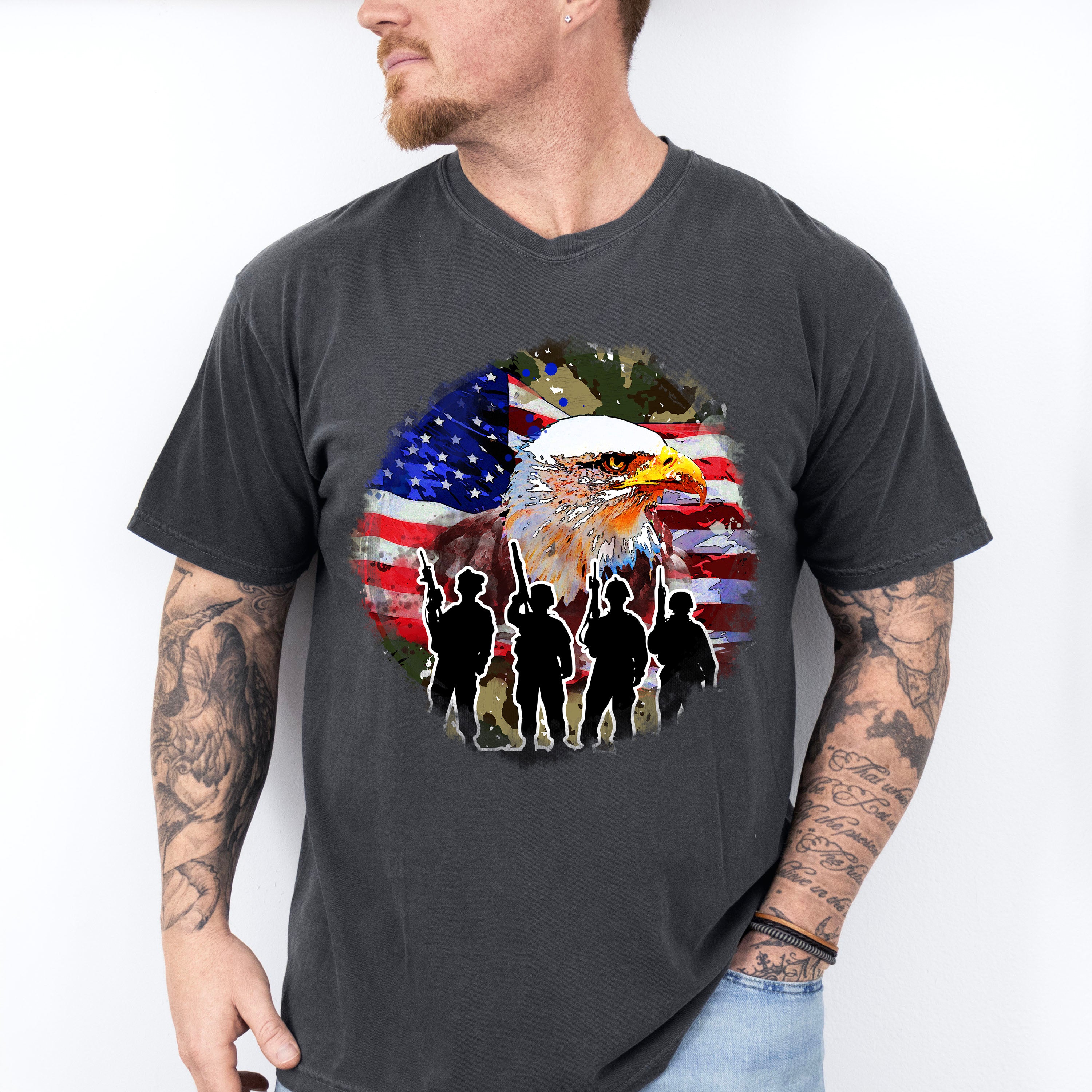 Bald Eagle Soldiers Silhouette Design - Military Unisex Crewneck T-Shirt Sweatshirt Hoodie