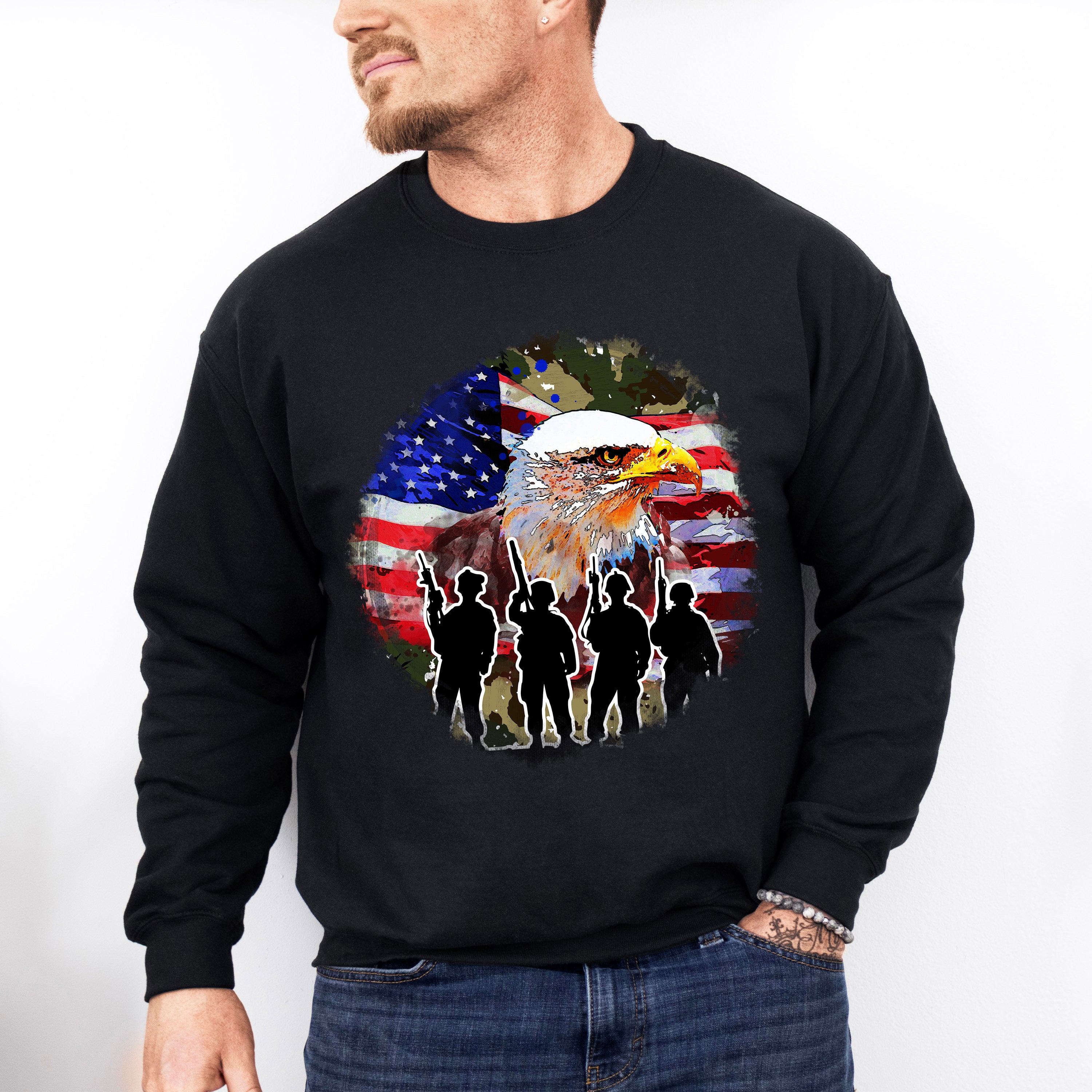 Bald Eagle Soldiers Silhouette Design - Military Unisex Crewneck T-Shirt Sweatshirt Hoodie