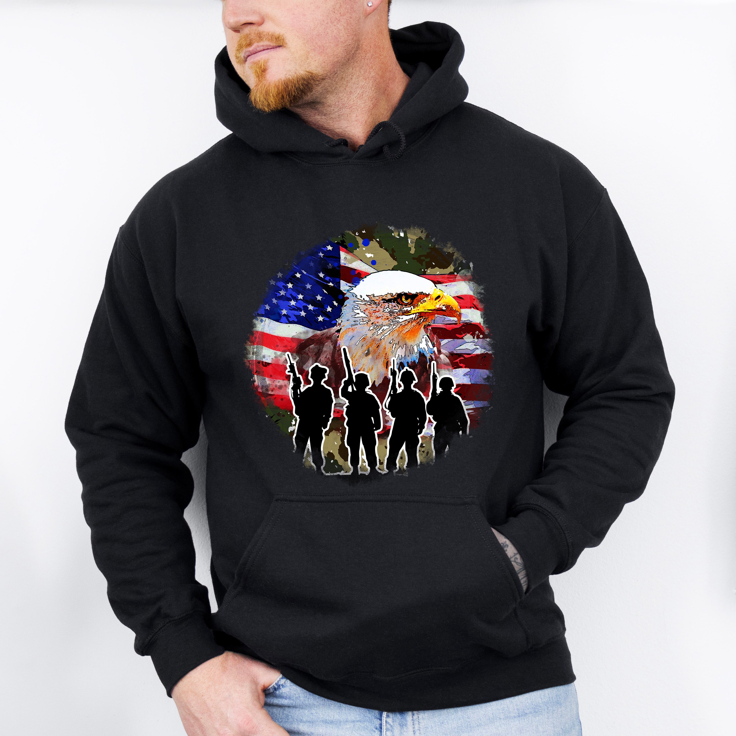 Bald Eagle Soldiers Silhouette Design - Military Unisex Crewneck T-Shirt Sweatshirt Hoodie