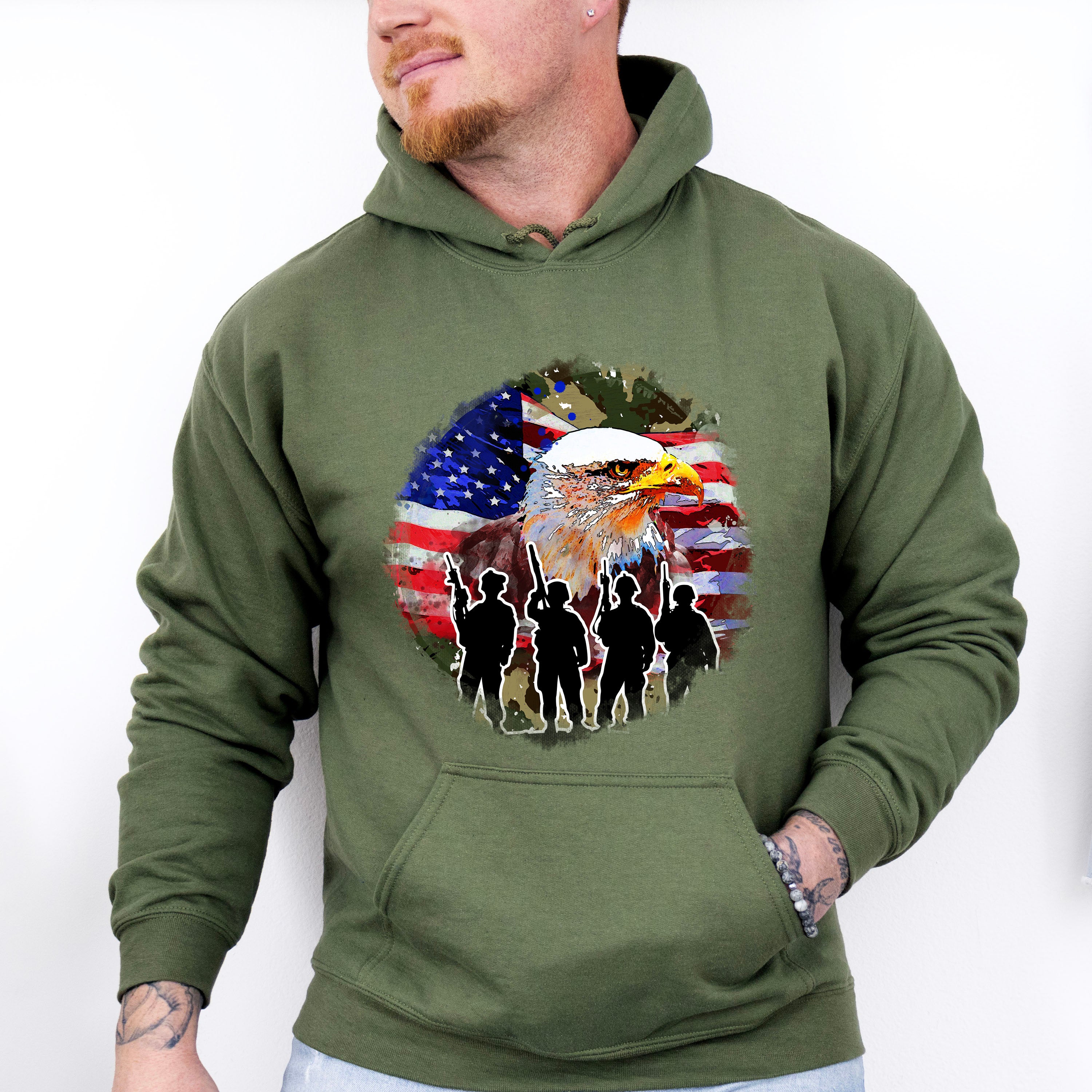 Bald Eagle Soldiers Silhouette Design - Military Unisex Crewneck T-Shirt Sweatshirt Hoodie