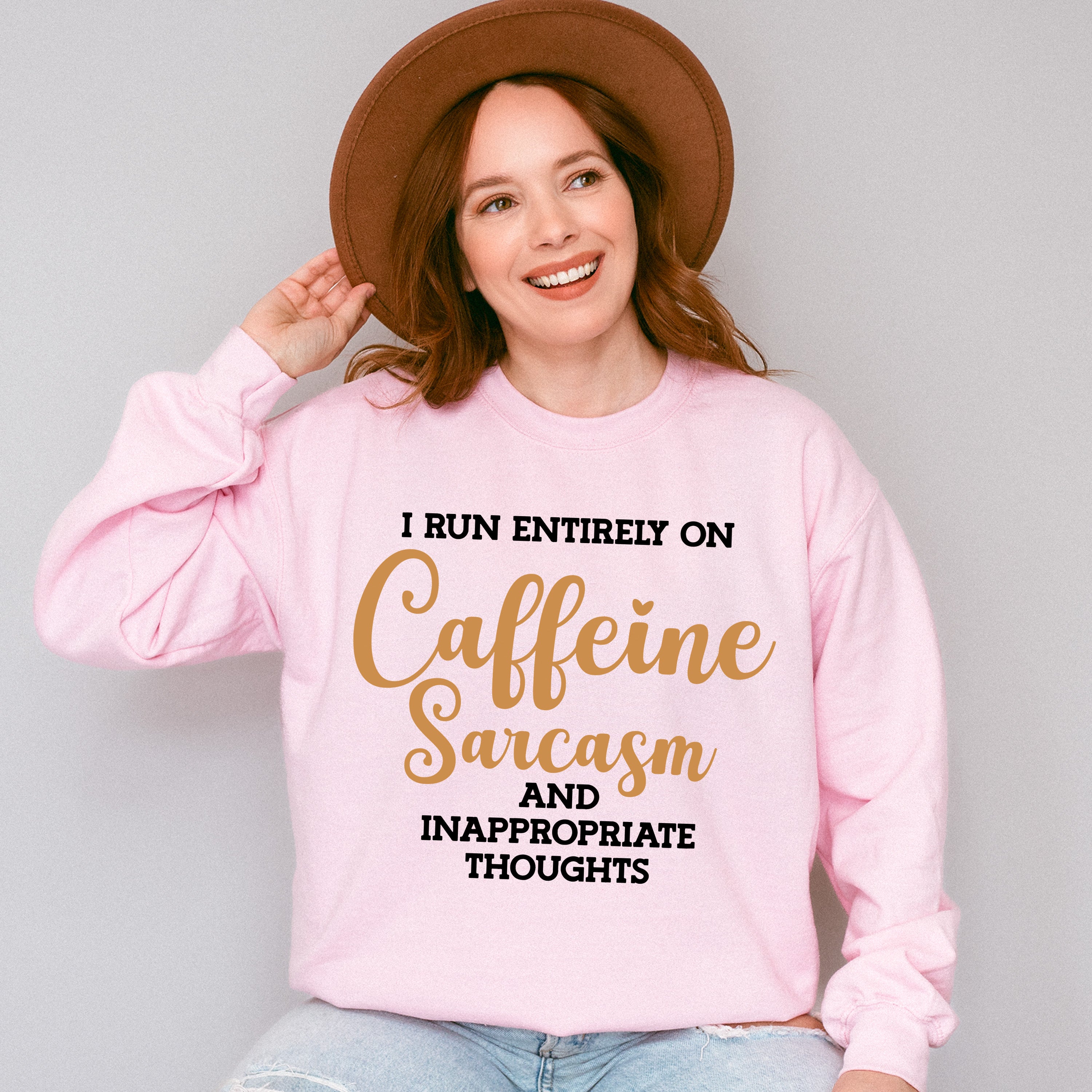 I Run Entirely On Caffeine Sarcasm - Funny Unisex Crewneck T-Shirt Sweatshirt Hoodie