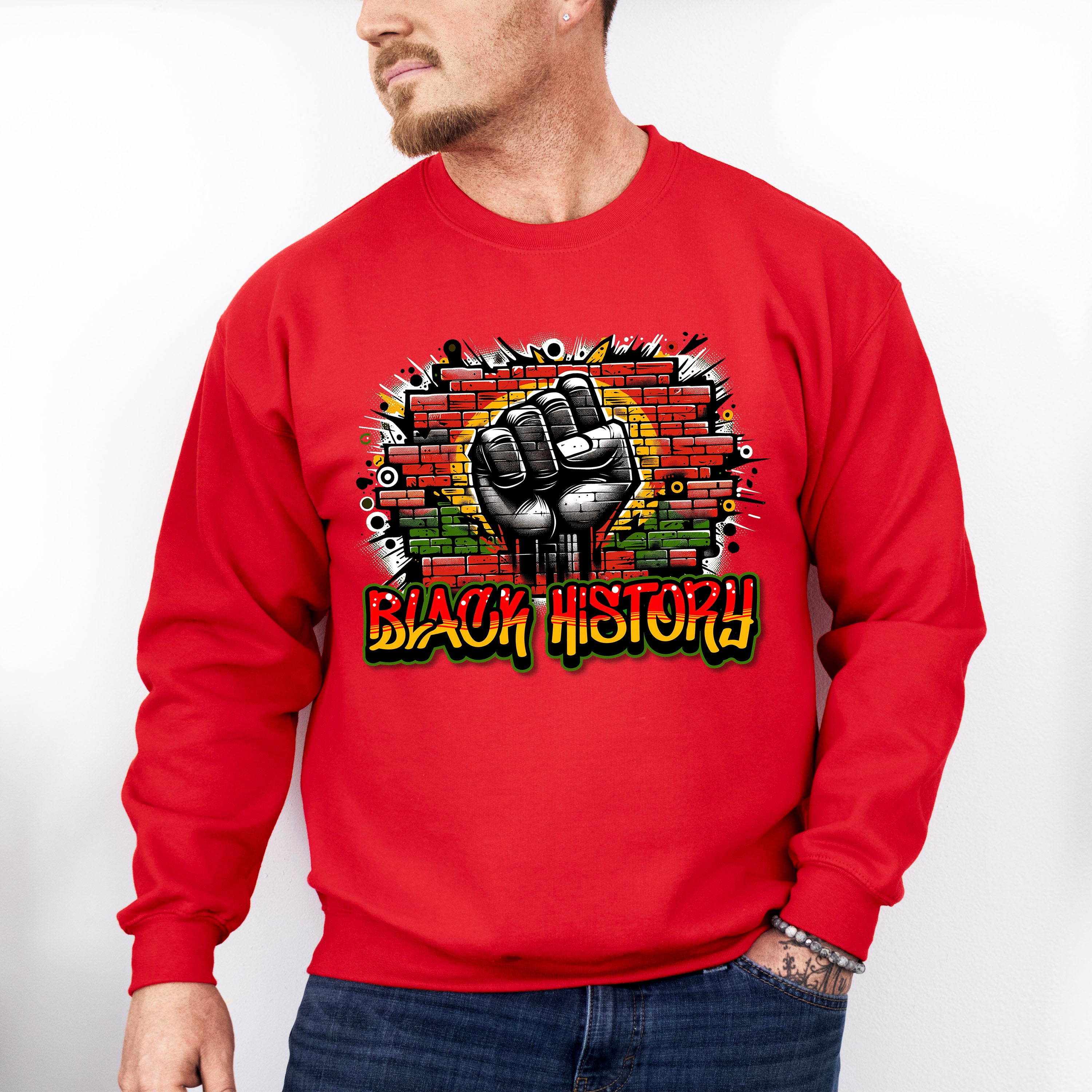 Black History Rising Fist Wall Design Black Lives Matter Unisex Crewneck T-Shirt Sweatshirt Hoodie