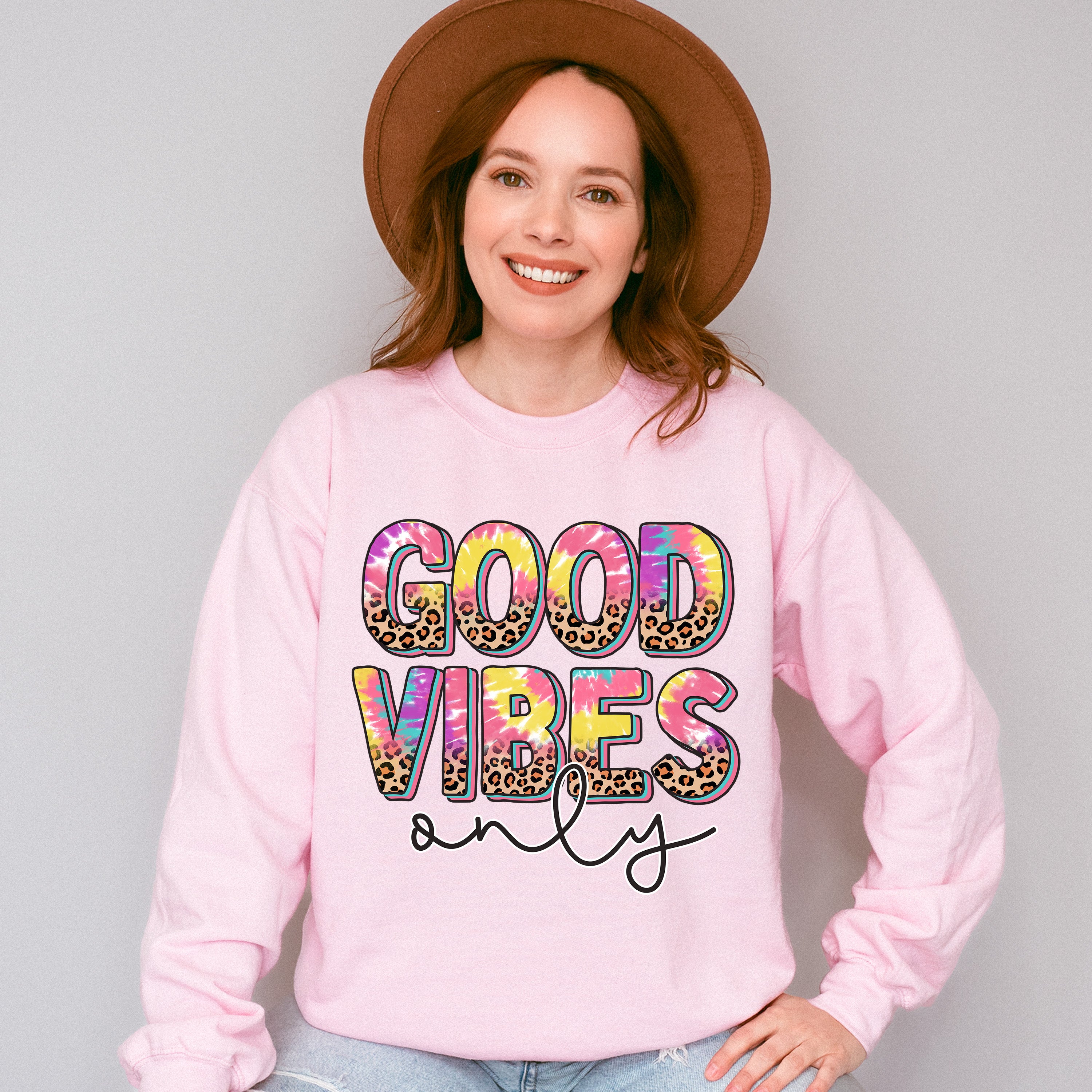 Good Vibes Only Colorful Leopard Design - Good Vibes Unisex Crewneck T-Shirt Sweatshirt Hoodie