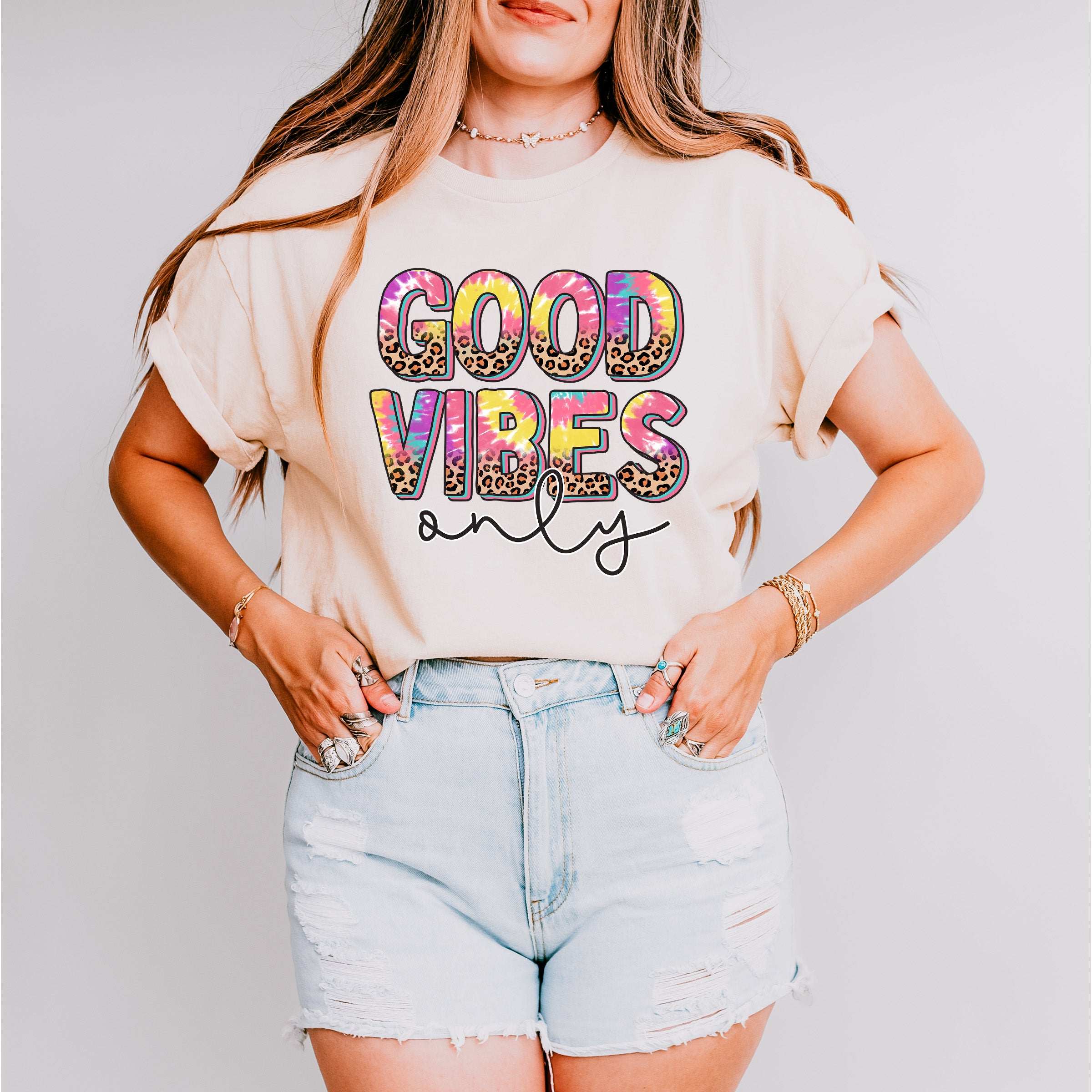 Good Vibes Only Colorful Leopard Design - Good Vibes Unisex Crewneck T-Shirt Sweatshirt Hoodie