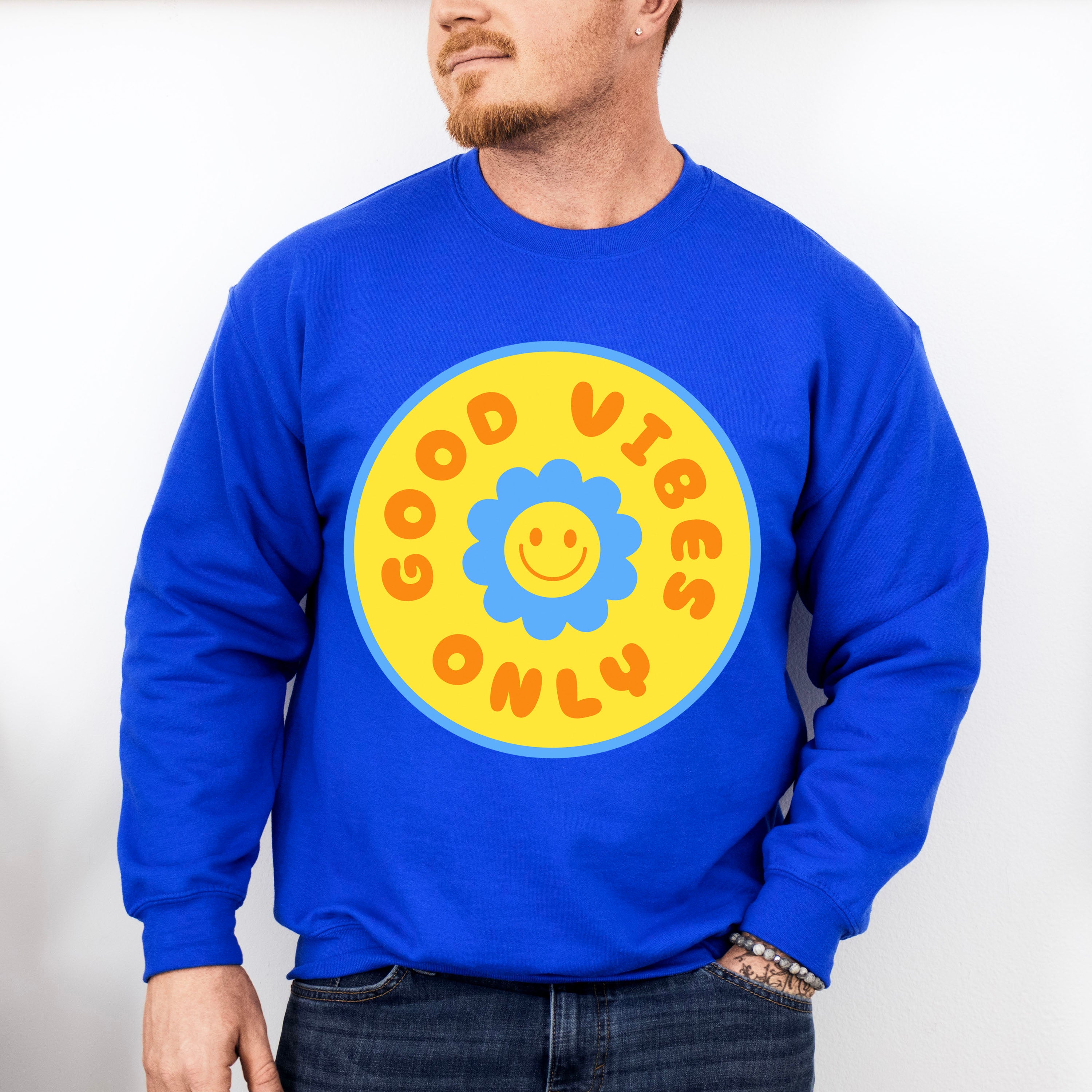 Good Vibes Only Yellow And Blue Flower Design - Good Vibes Unisex Crewneck T-Shirt Sweatshirt Hoodie